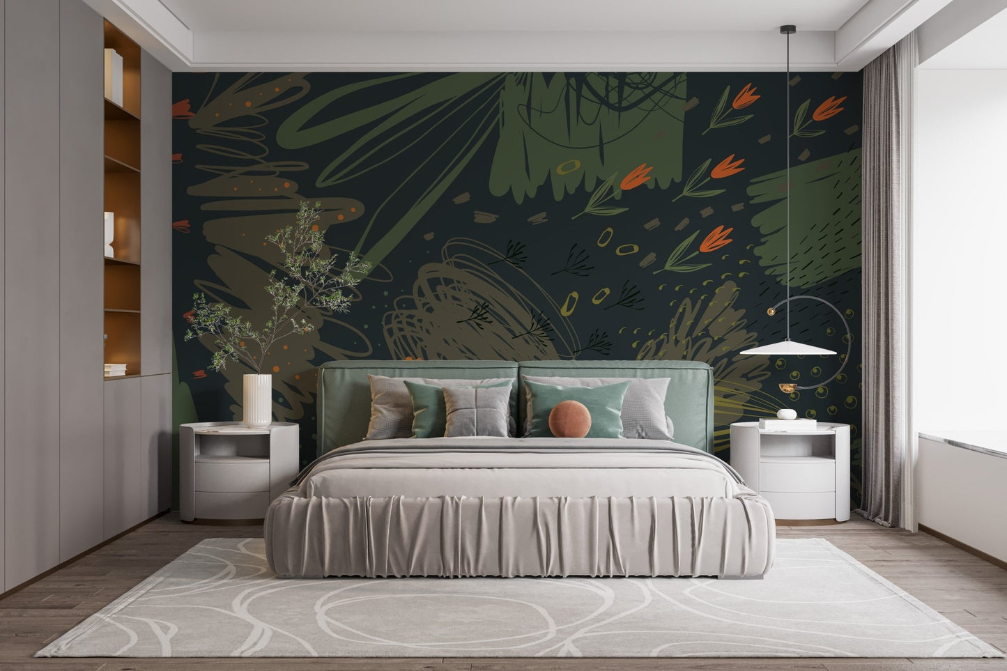 Dark green wall mural with orange floral and geometric shapes in a bedroom.