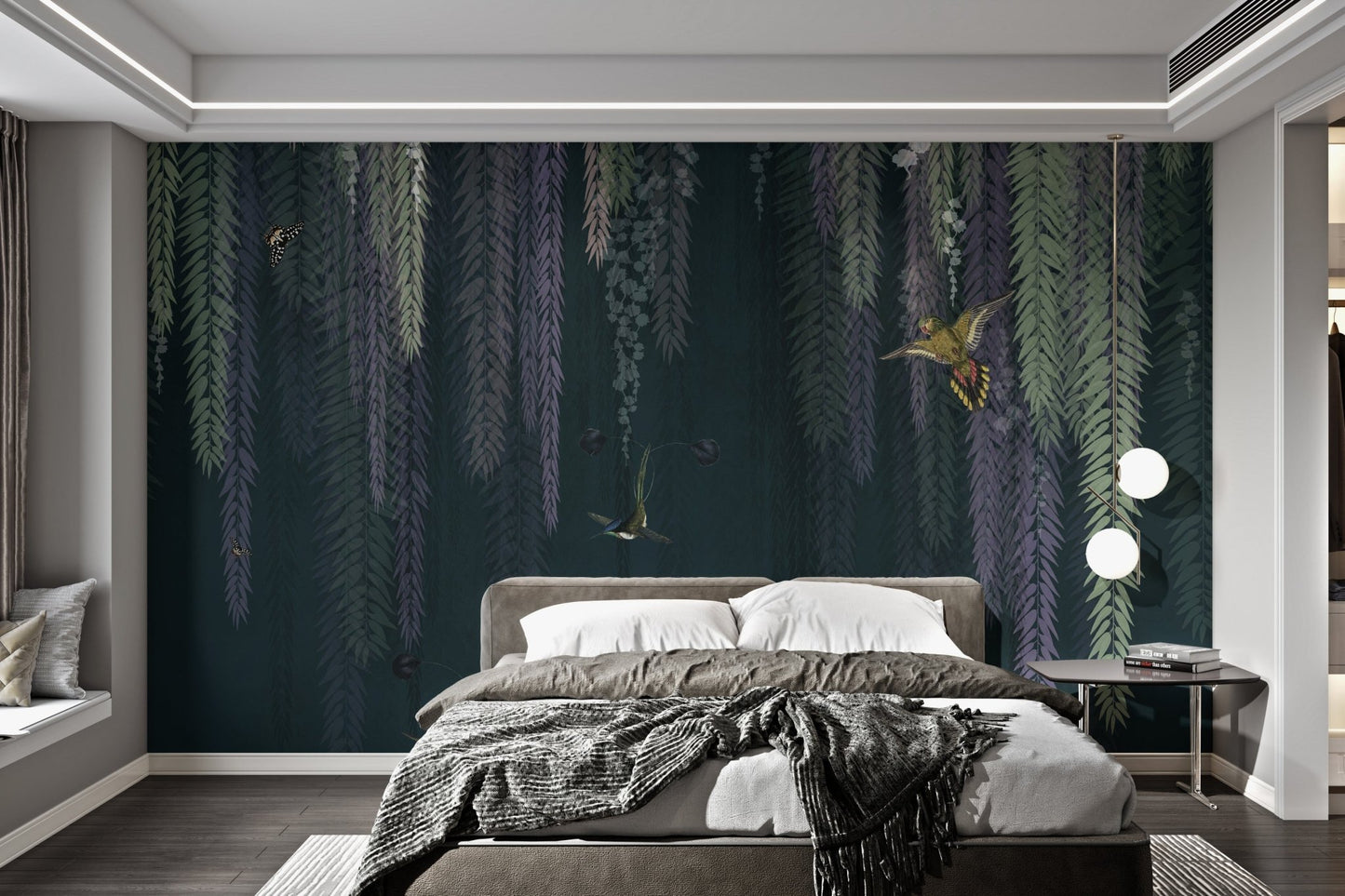 Dark green wall mural with purple hanging flora for a master bedroom.