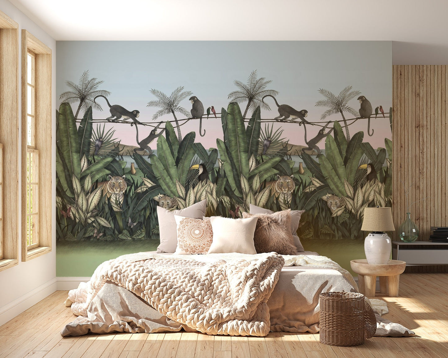 Neutral bedroom design with Green Jungle Animals Wall mural and wooden floors.