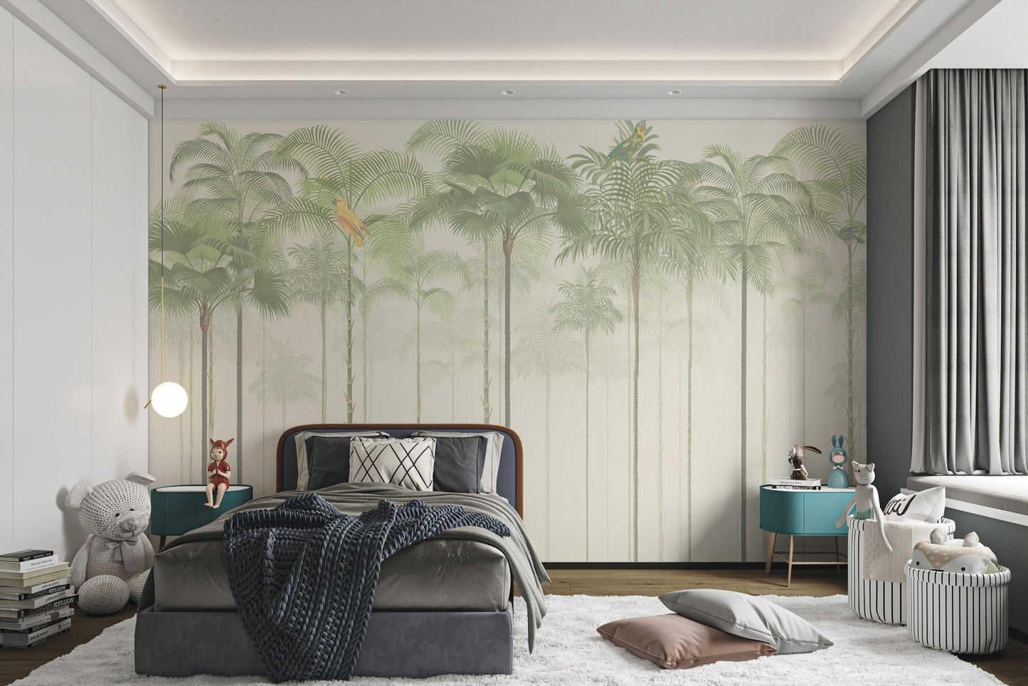 Soft green tropical palm tree wall mural aesthetic on a light cream background.