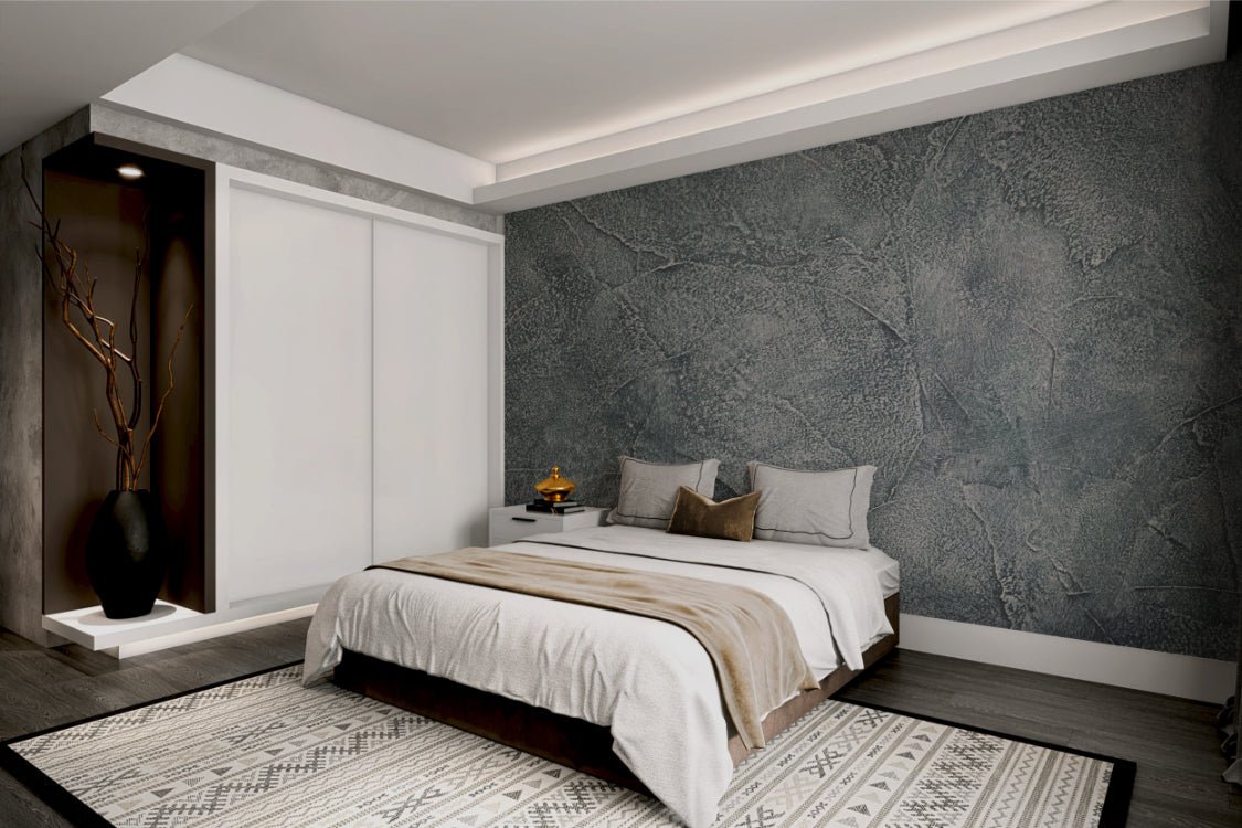 Abstract grey plaster wall mural with a neutral backdrop for bedroom.