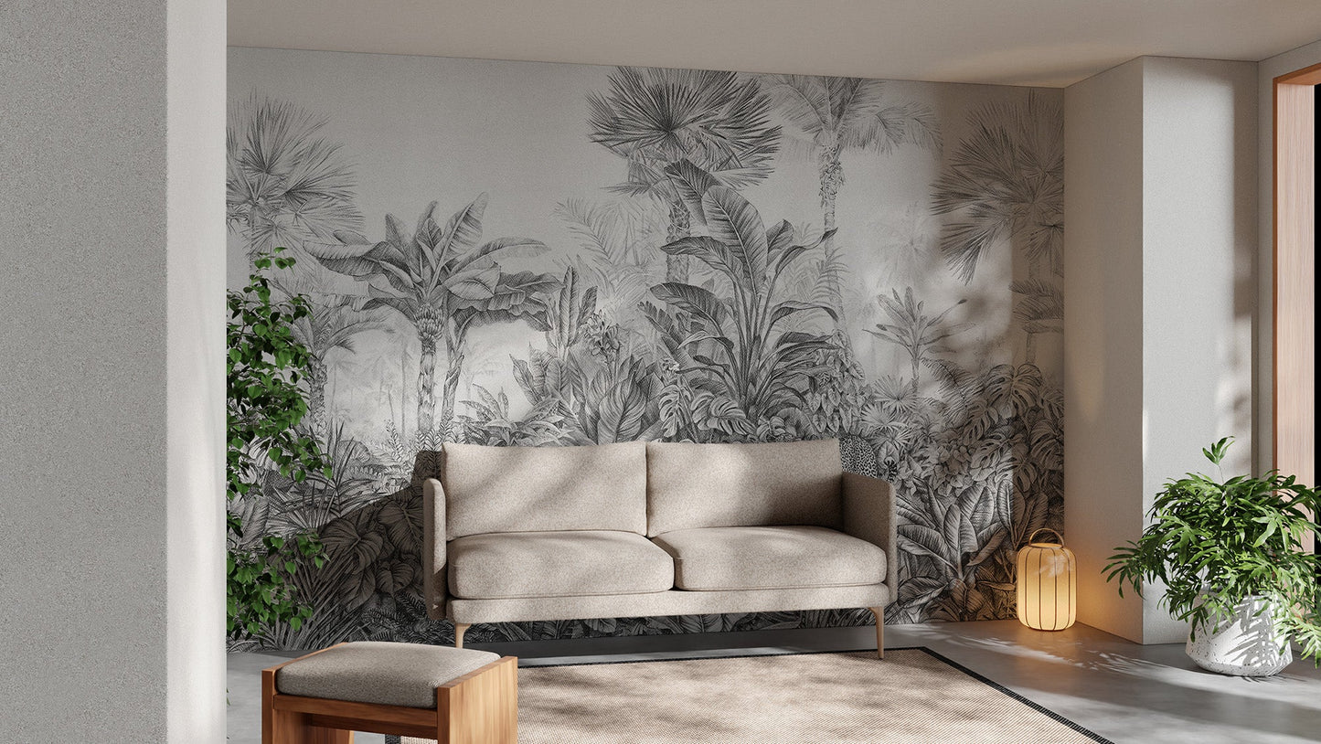Elegant leopard wallpaper with a seamless tropical canopy pattern.