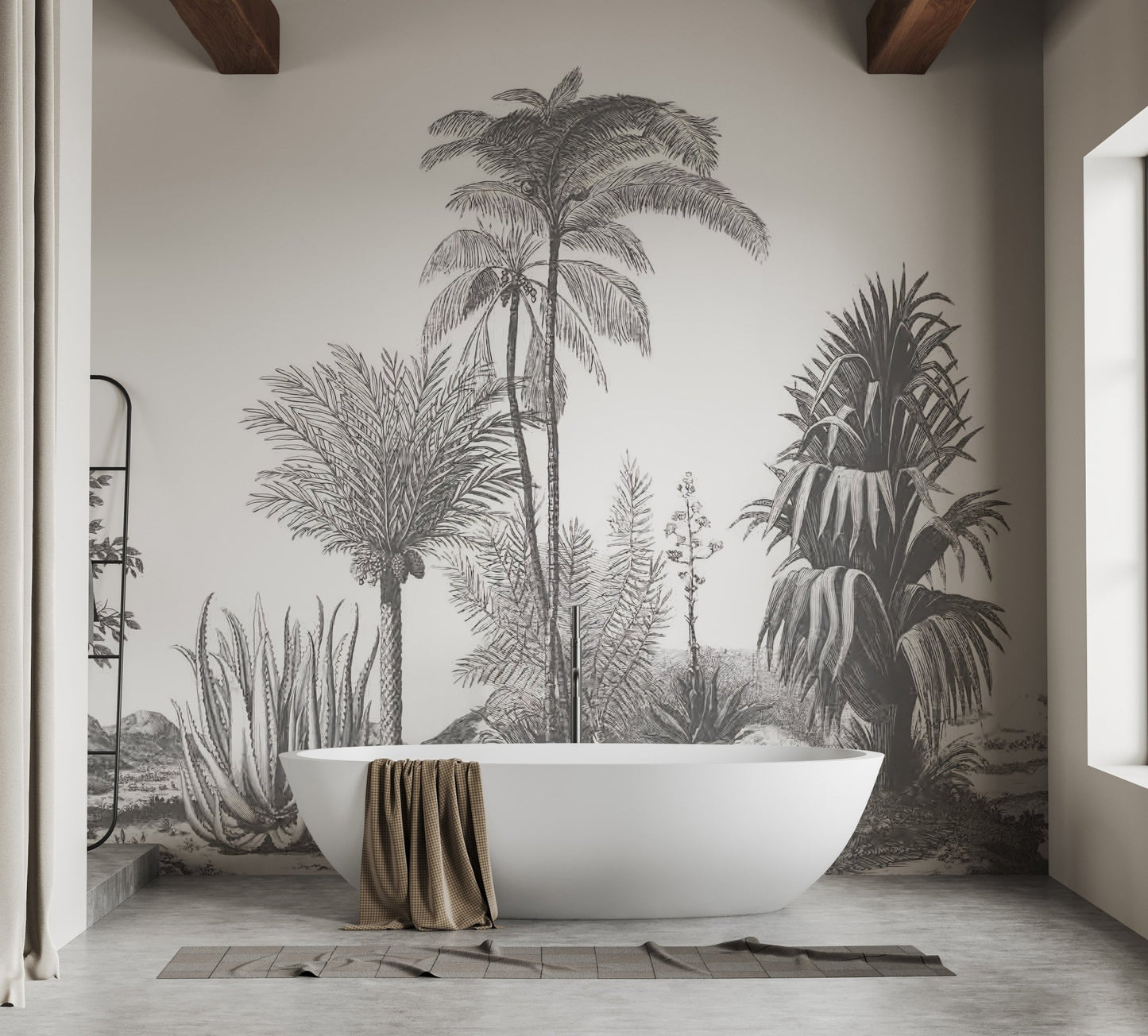 Greystone Palm Paradise Wall Mural in bathroom featuring freestanding tub.