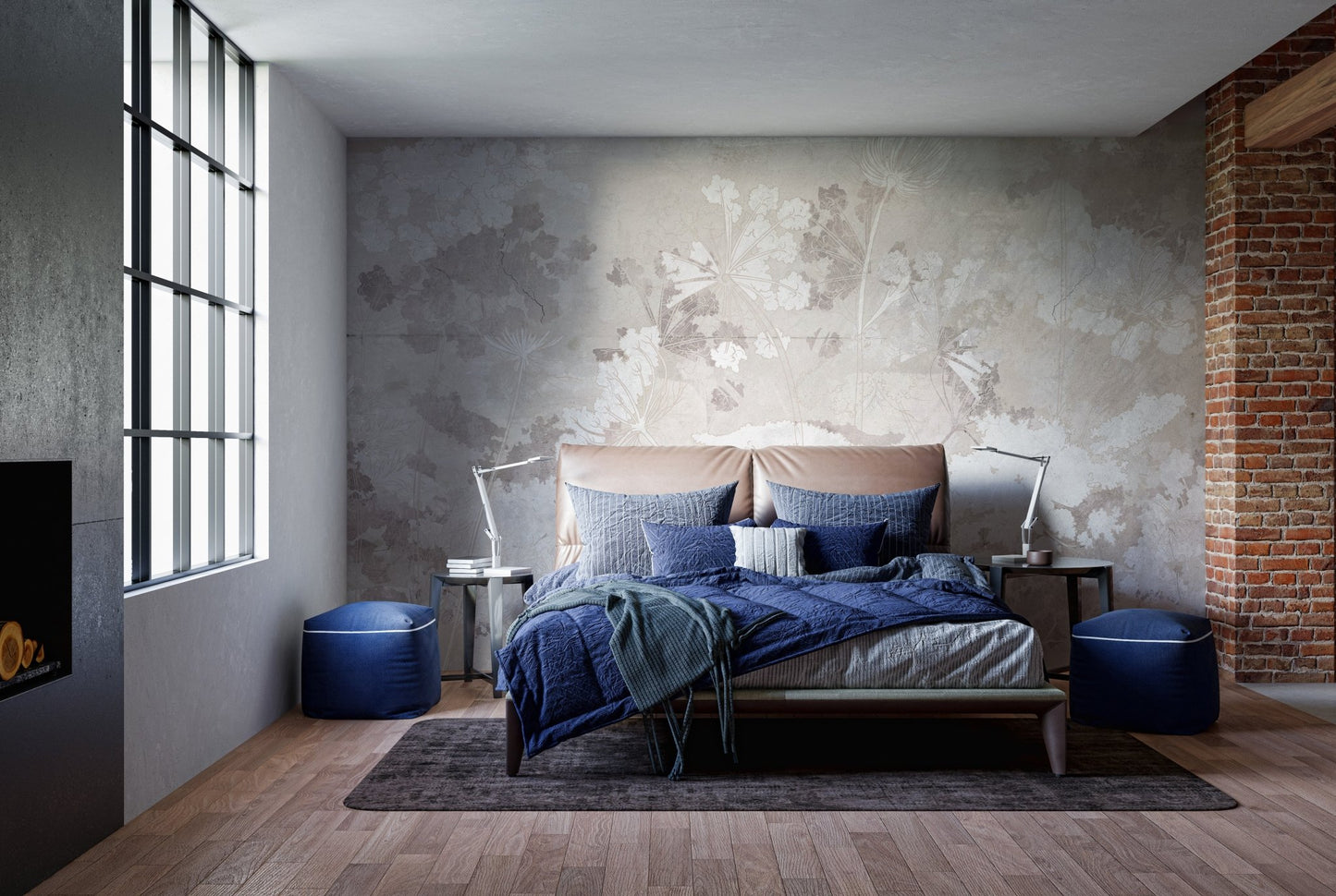 Moody Grunge Garden wall mural in a bedroom with blue bedding and dark accents.