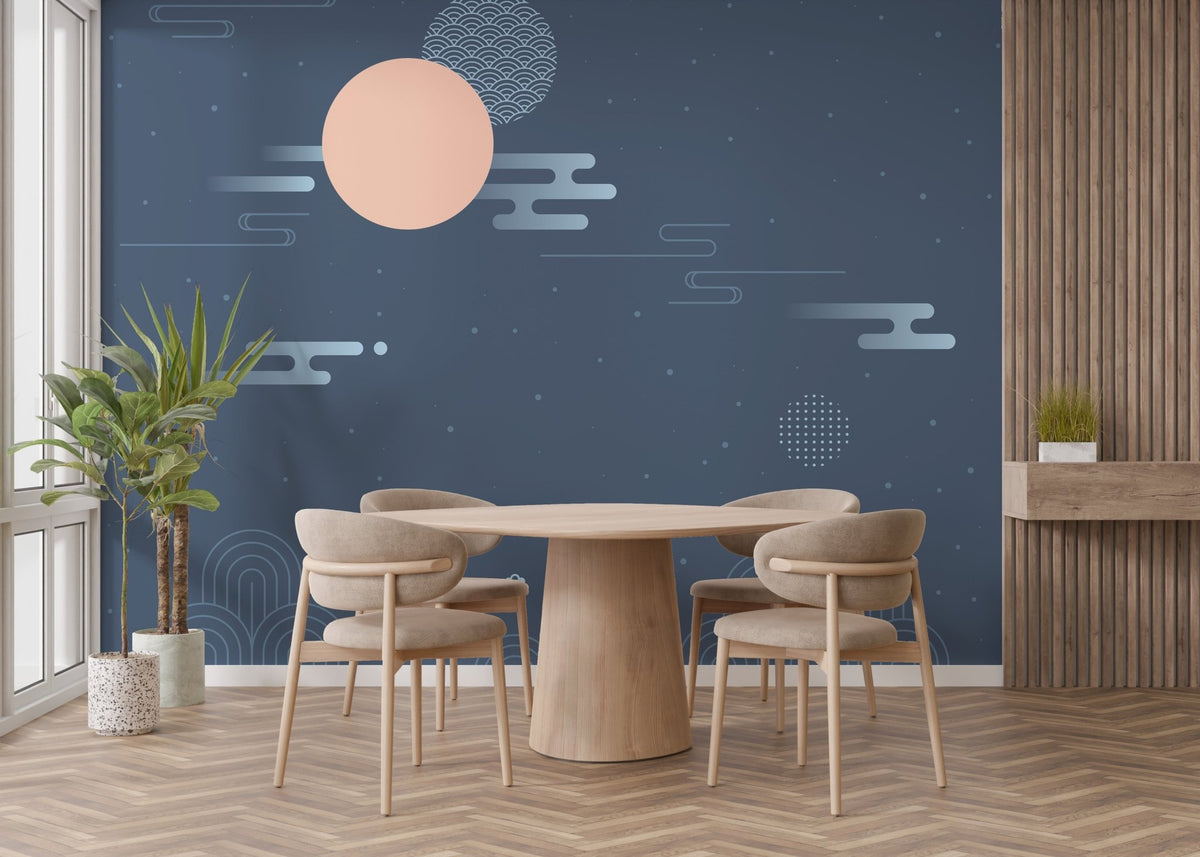 Korean heritage mural with hanbok-clad figures in serene dining room settings.