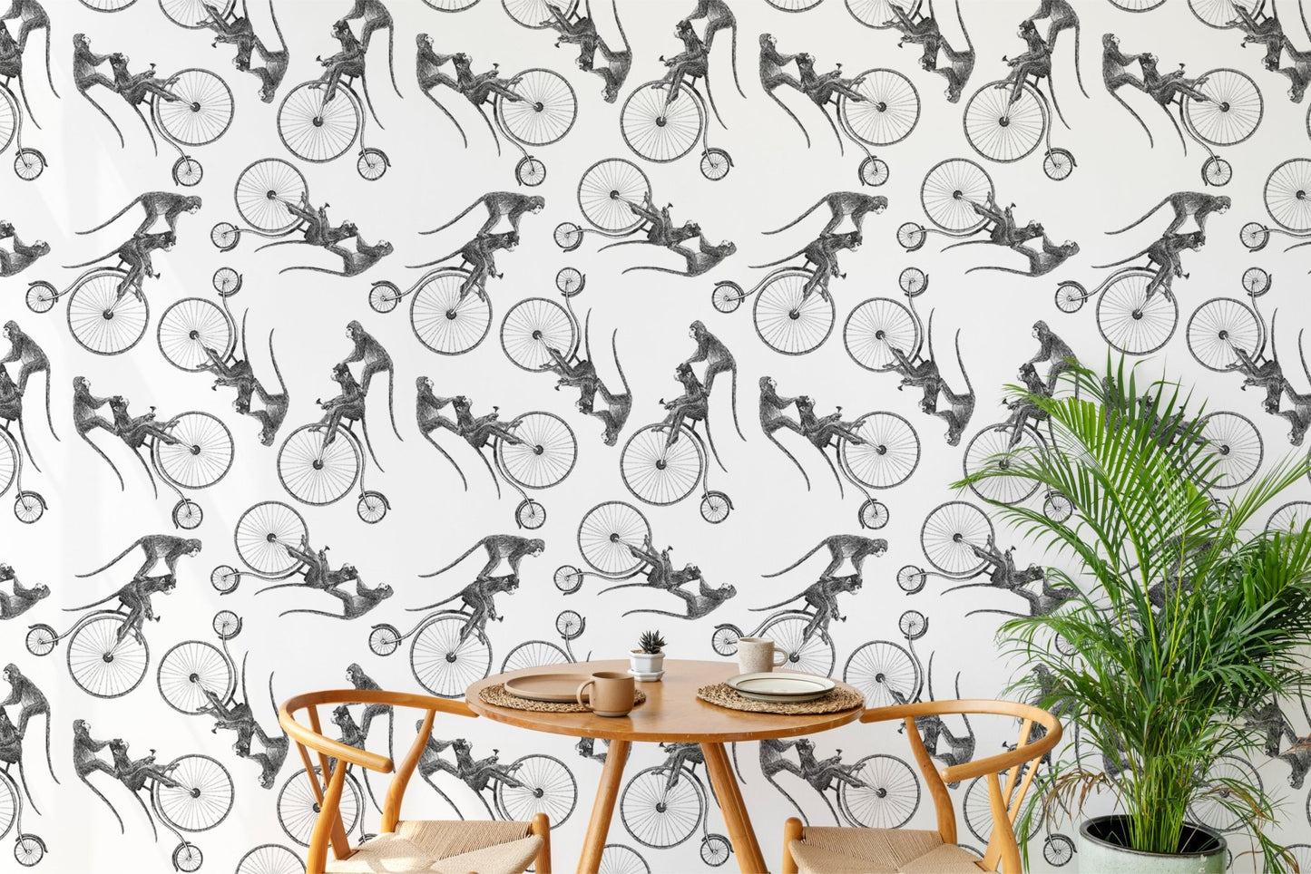 Hand Drawn Monkey on Bike Repeat Pattern Wallpaper in a dining area with wooden chairs.