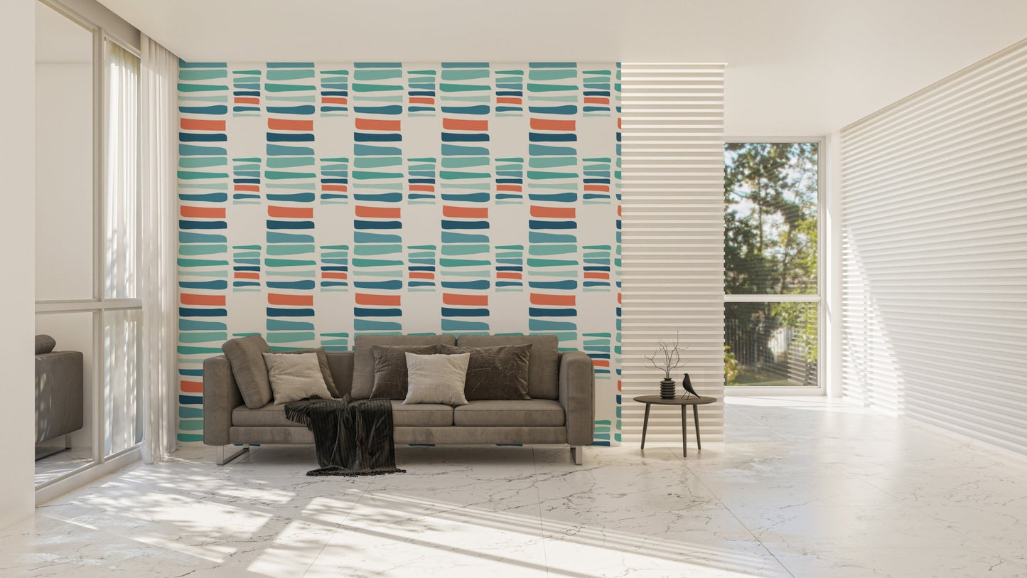 Colorful textured stripe wallpaper in a large living area with a brown sofa.