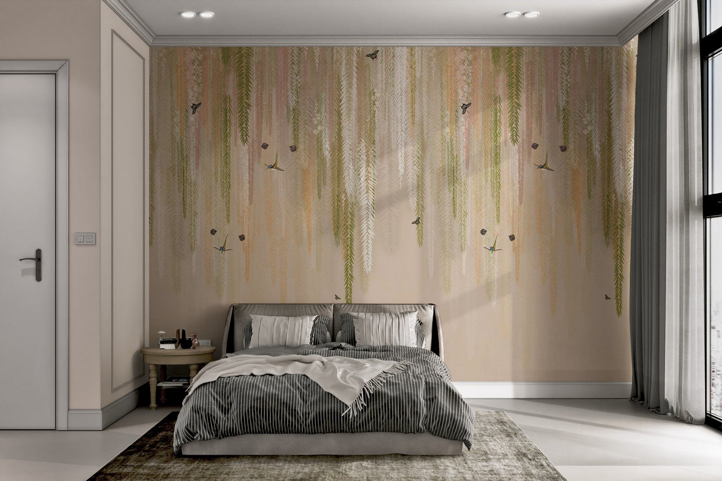 Minimalist botanical wallpaper featuring soft peach leaf strands.