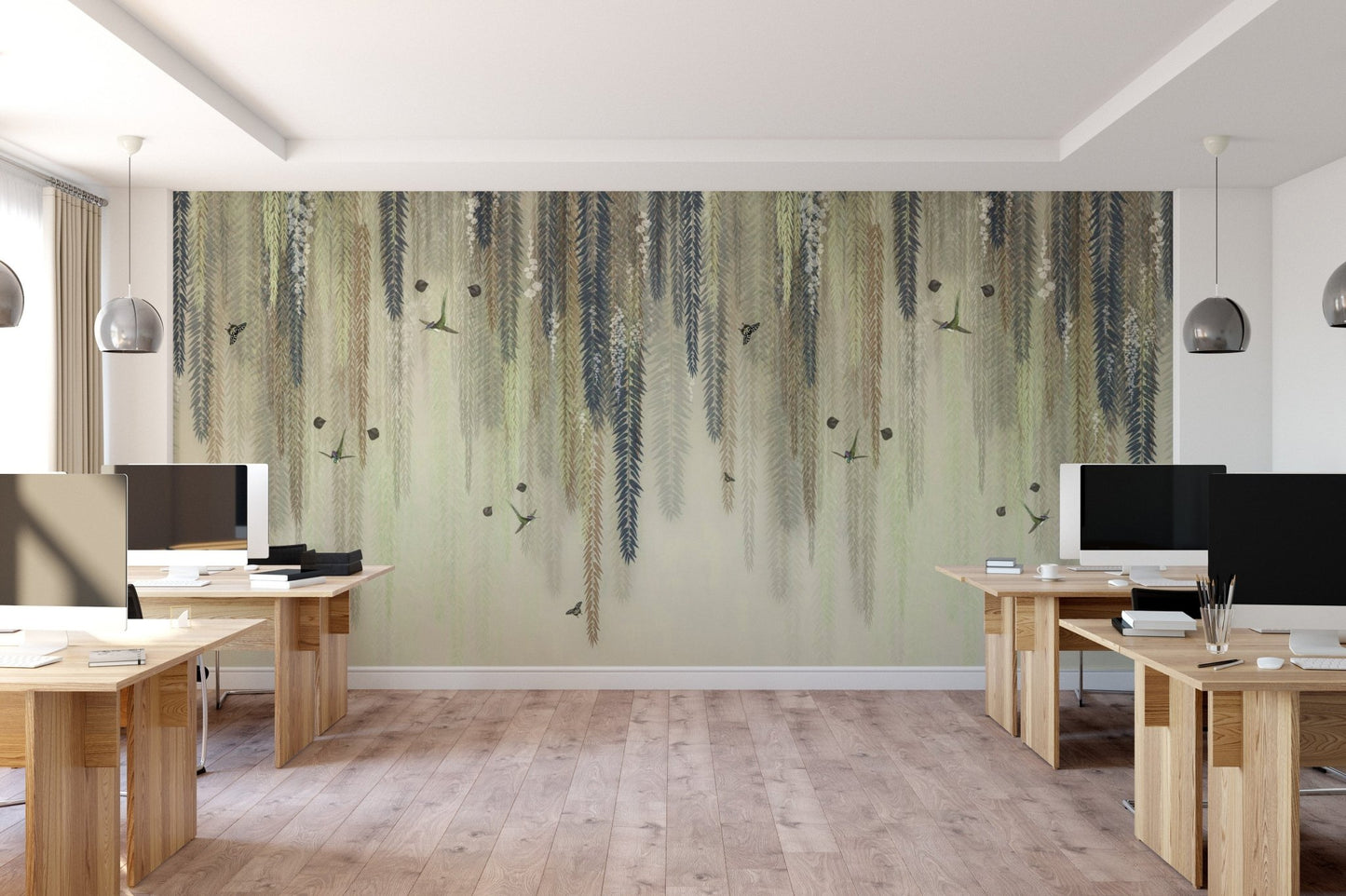 Neutral color wallpaper with cascading willow leaves in modern office.