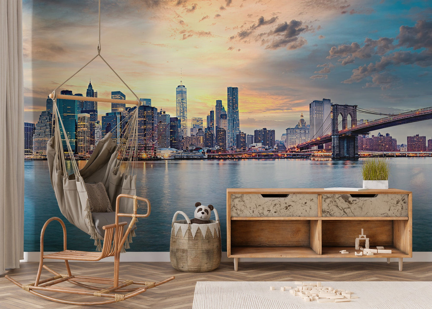 Manhattan sunset wall mural with architectural skyline view in kids play room.