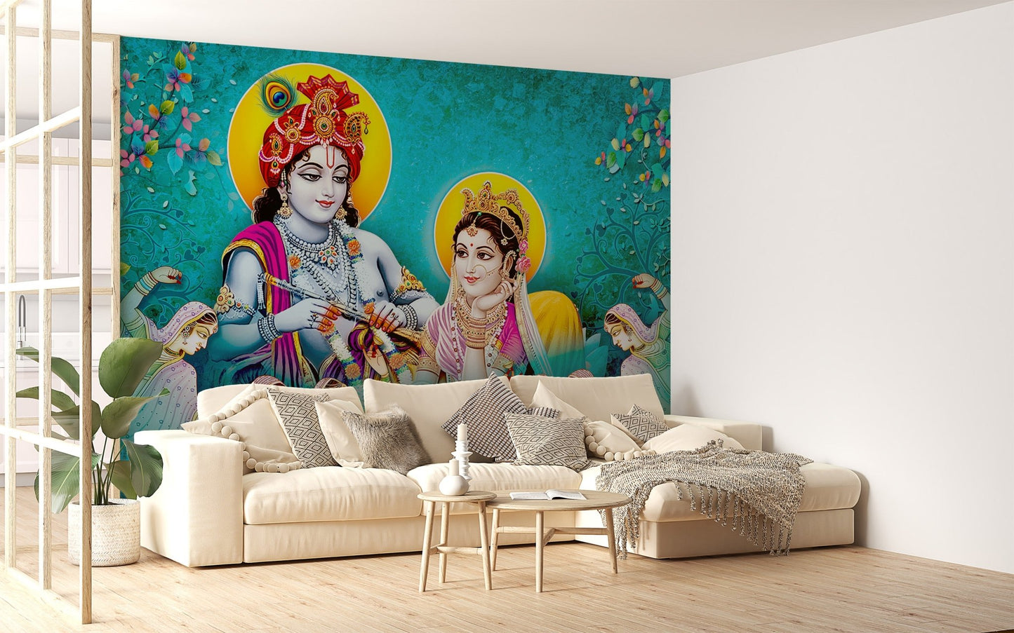 Artistic radha krishna mural with turquoise backdrop.