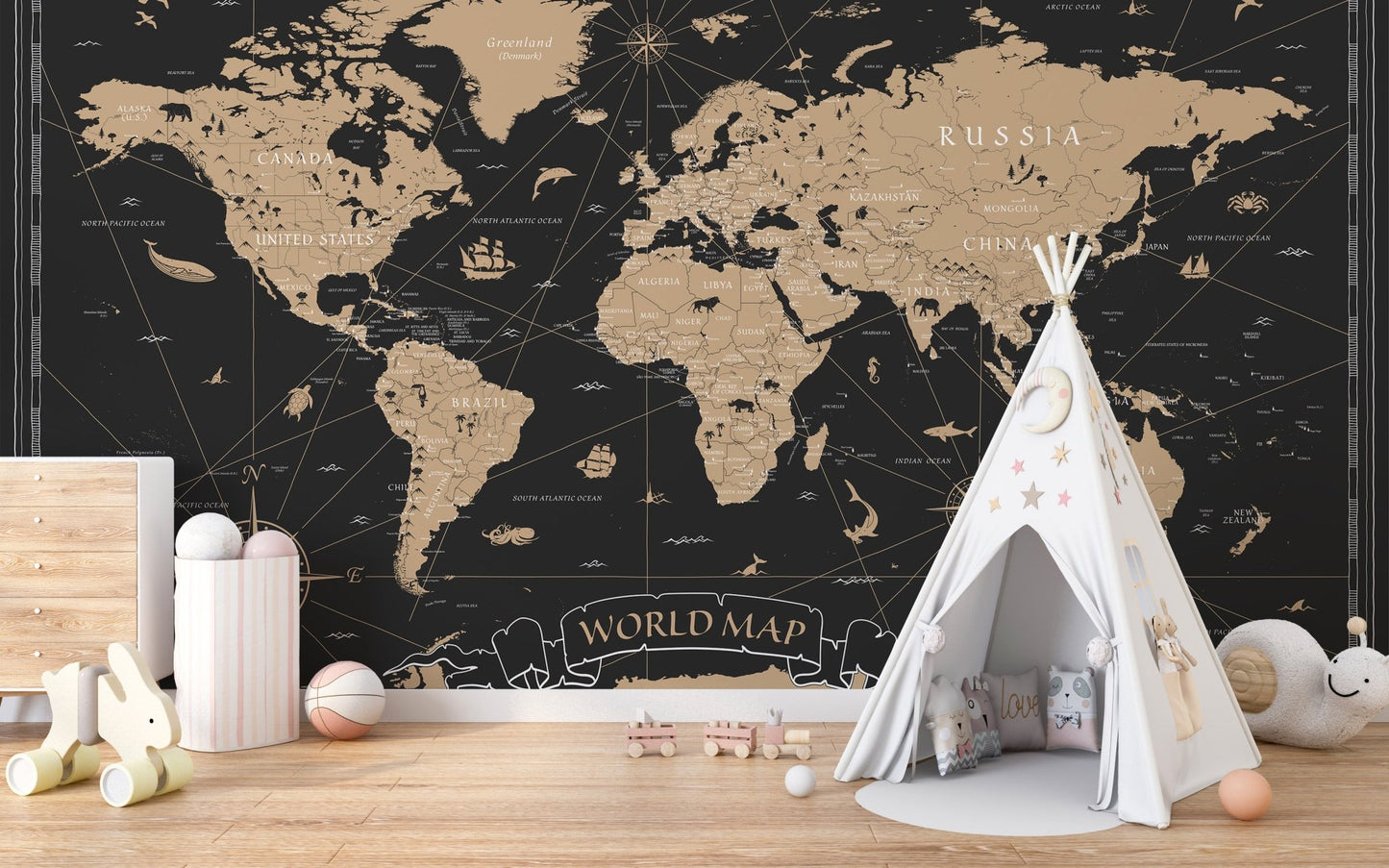 Historical gold-leaf mural showcasing map