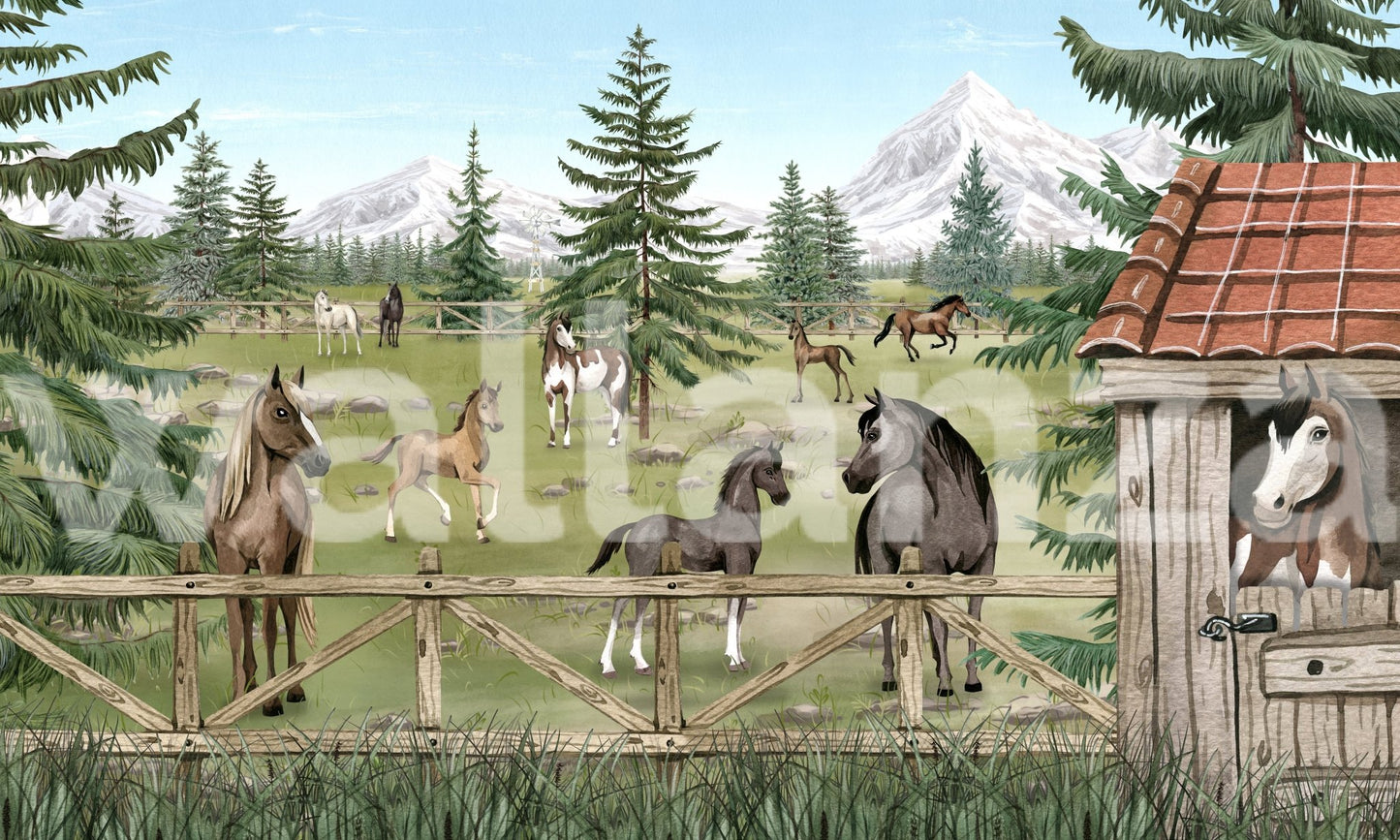 Detailed horse and stable wall mural with green grass and snowy alpine peaks.