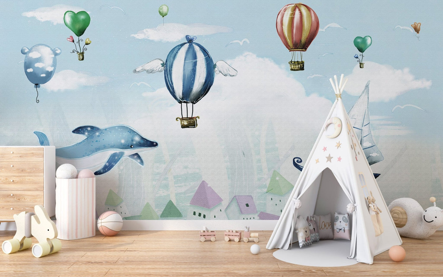 Hot Air Balloon Dreamscape Kids Room Wall mural near teepee tent.