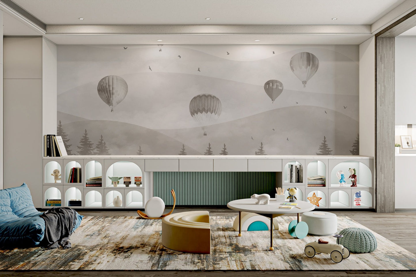 Minimalist brown forest wall mural with flying balloons for kids play area.