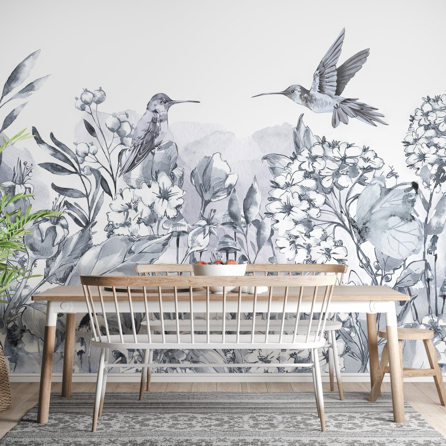 Soft gray paradise garden wallpaper with layered leaves.