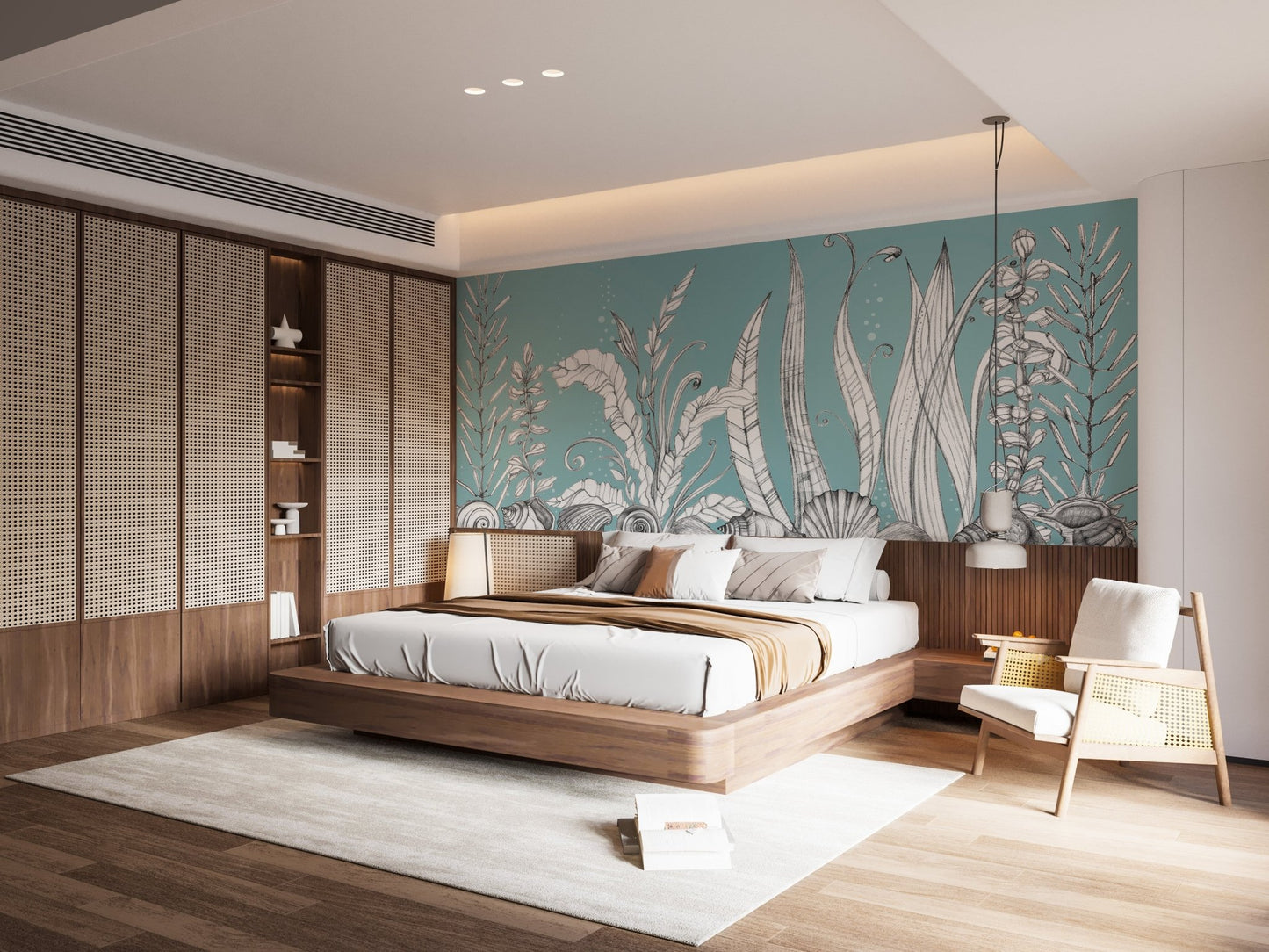 Hand drawn floral mural in a luxury bedroom with wooden wall panels.
