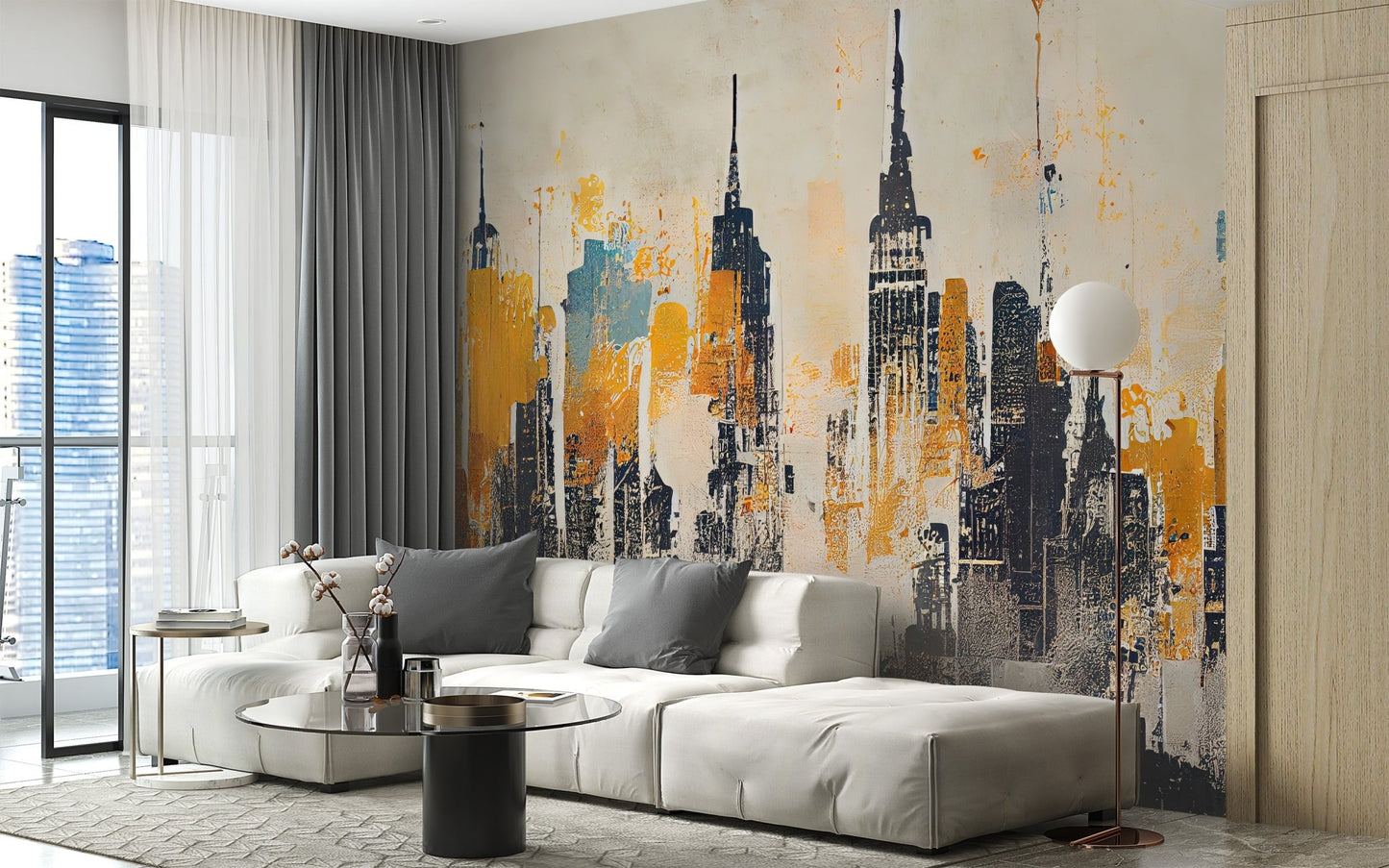 Contemporary chic skyline wall mural in dark modern color tones for living area.