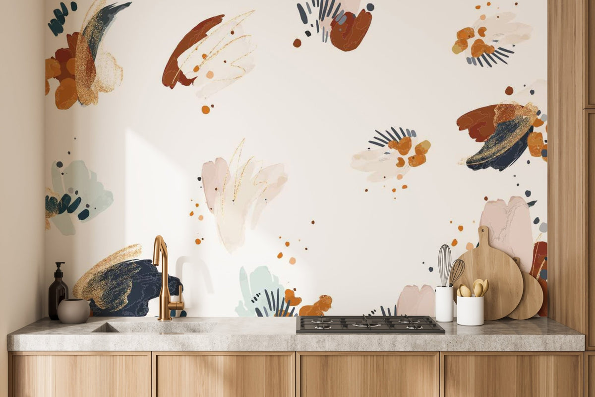 Wall mural showcasing inkblot patterns with self-adhesive ease in kitchen.