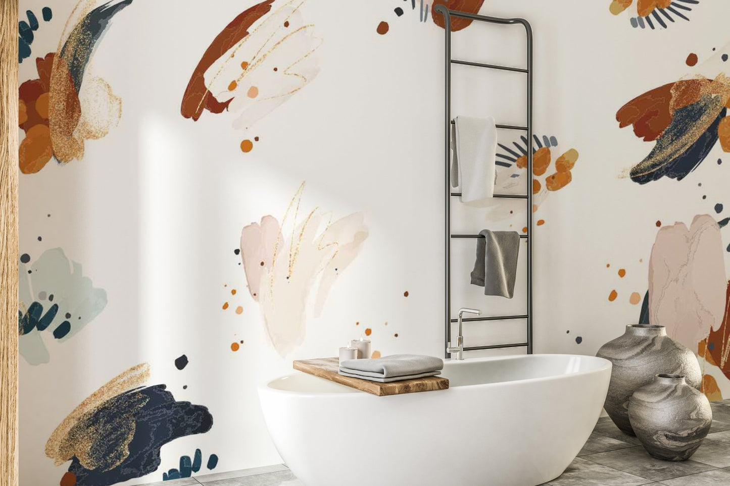 Self-adhesive mural with bold inkblot patterns for unique bathroom walls.