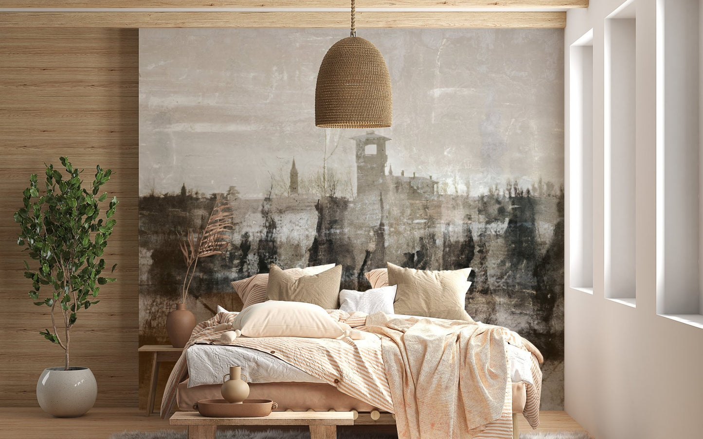 Hand-drawn ruins mural highlighting architectural elements in bedroom.