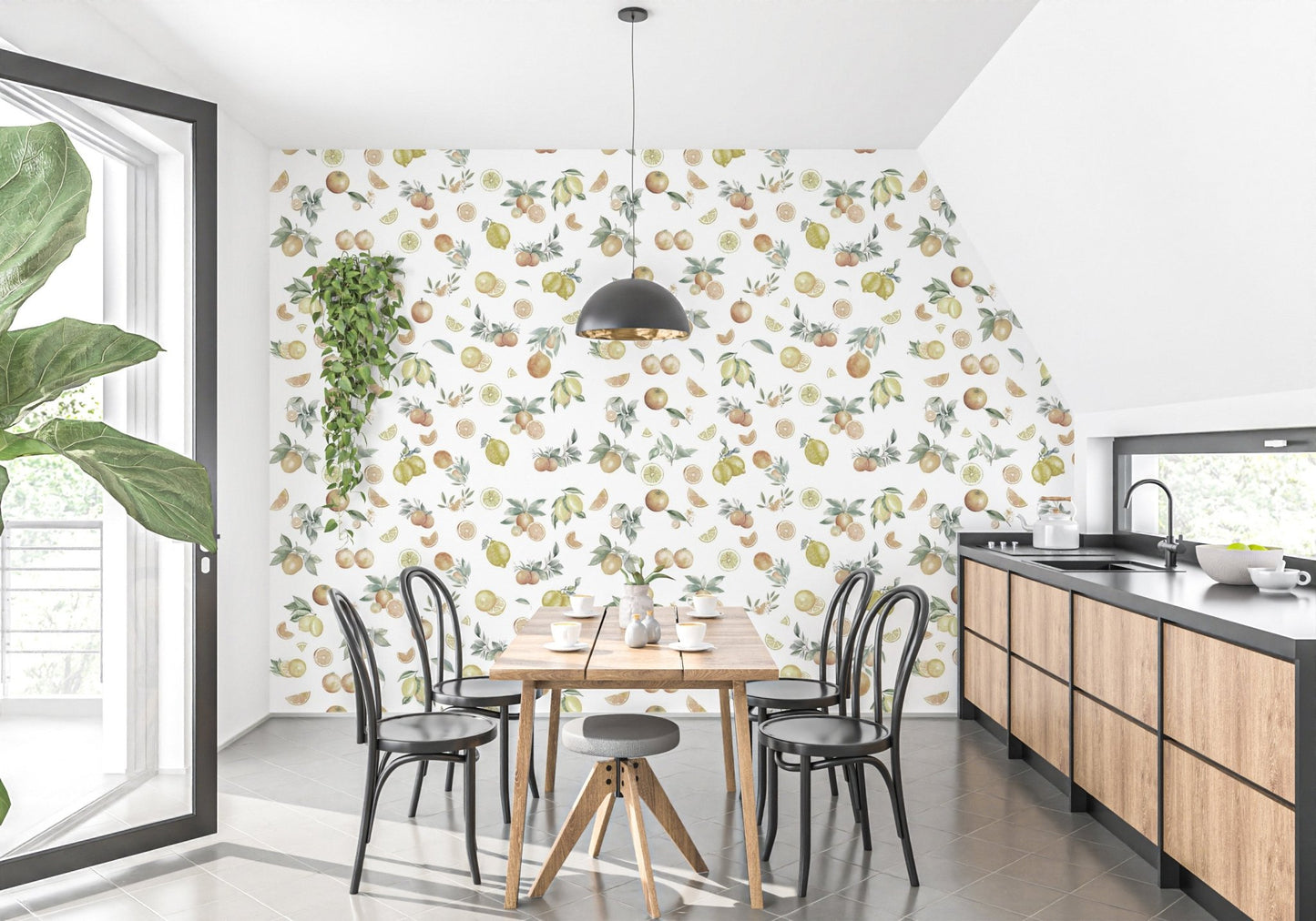 Contemporary lime and orange wallpaper with light background.