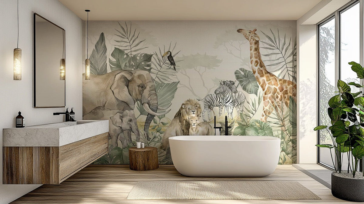 Artistic jungle animal wallpaper mural with muted earth tones.
