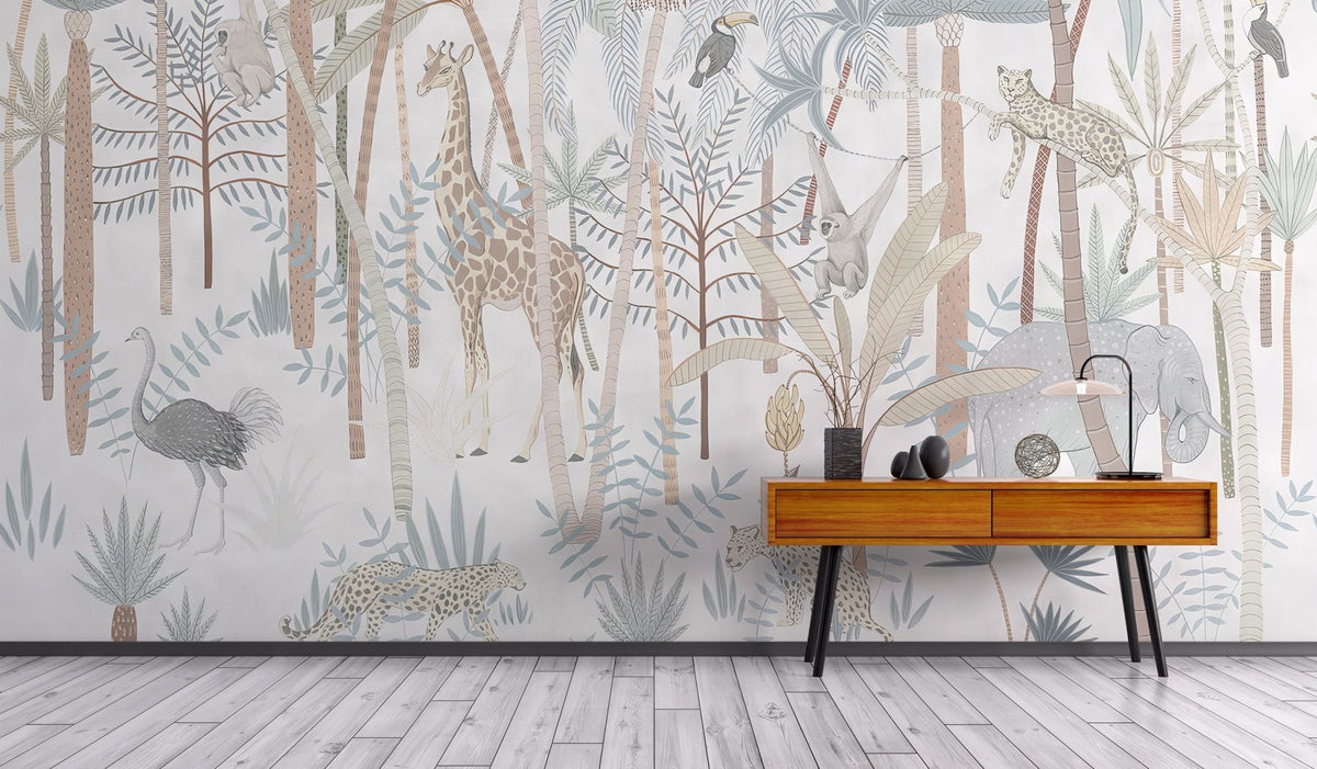 Minimalist nursery decor with safari animal wallpaper and wooden toys.