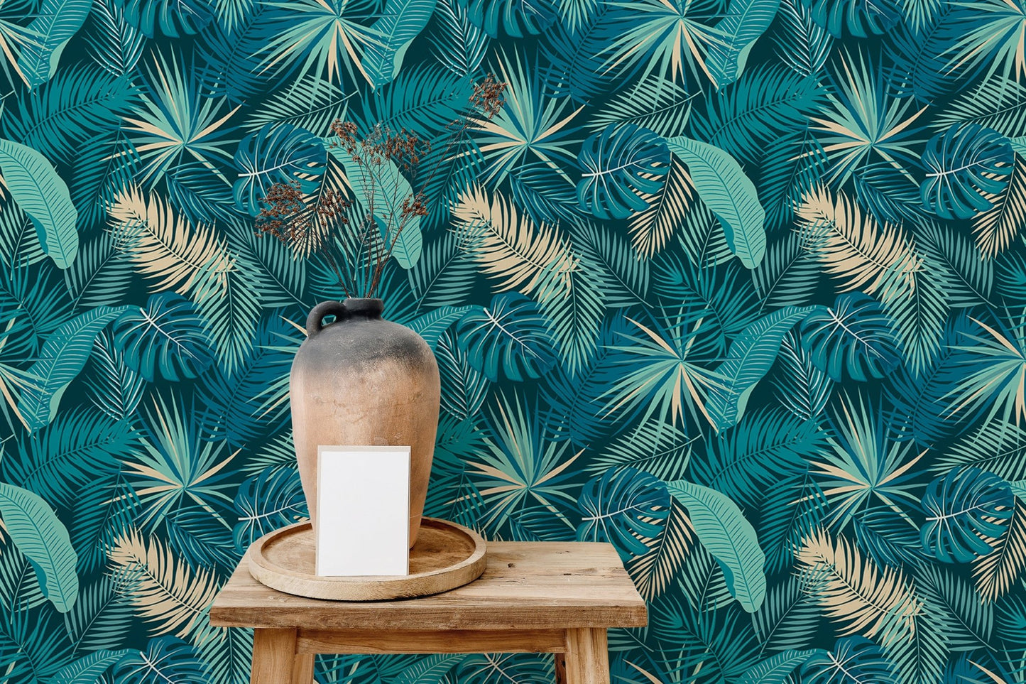 Palm leaf patterned wallpaper for a stylish room decor.