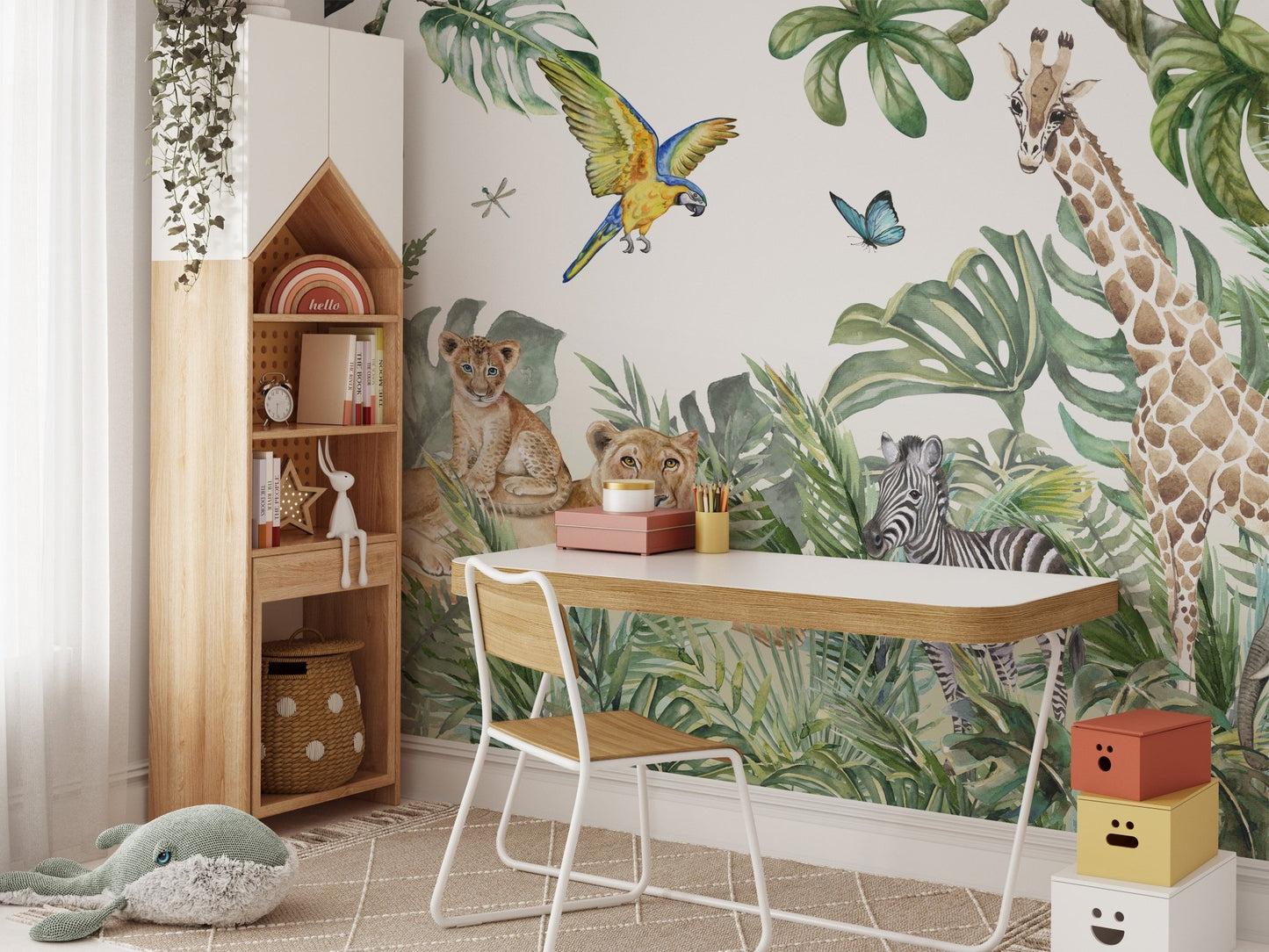Exotic safari wall mural with a giraffe and lion in a study area