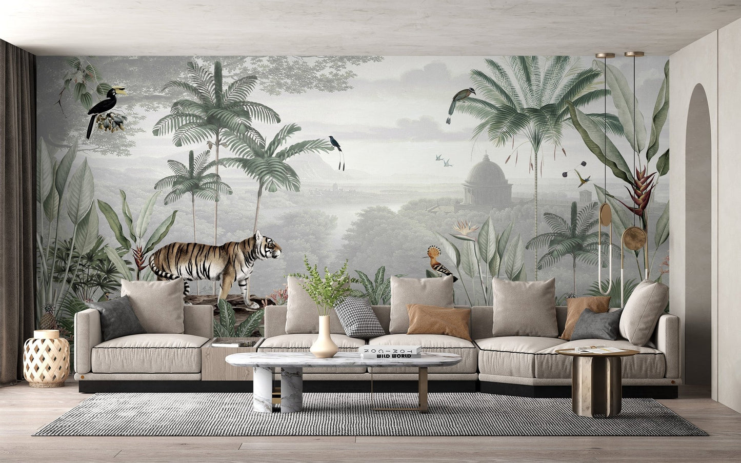 Majestic tiger mural perfect for jungle-inspired living room decor.