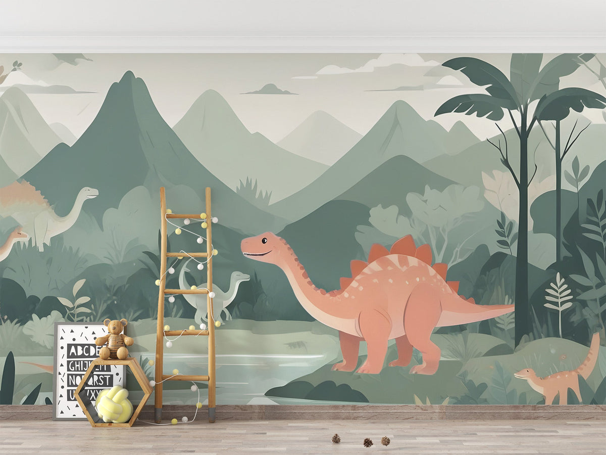 Minimalist jungle wall mural with palm fronds and wandering dinosaurs.