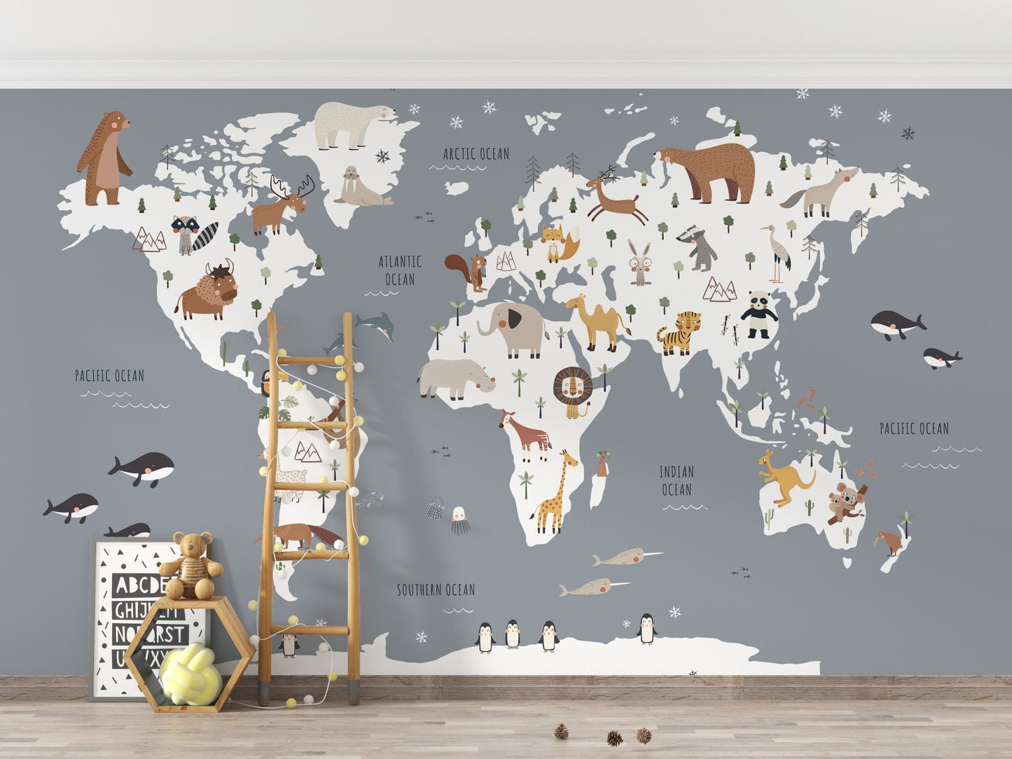 Animal-themed world map mural for kids playrooms.