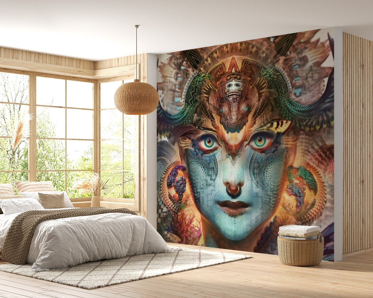 Blue and gold fantasy dragon art wall mural for contemporary bedroom.