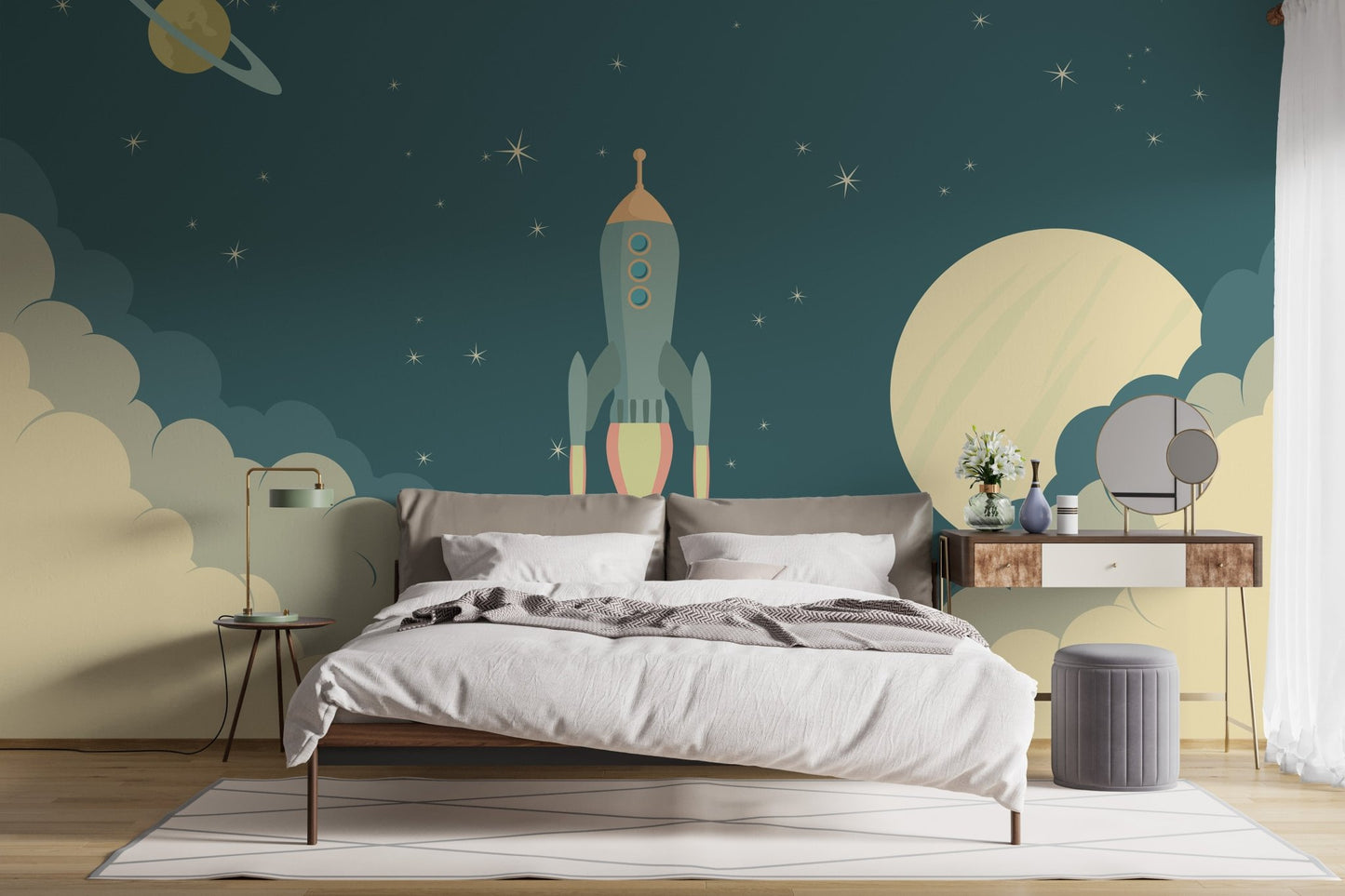 Fun space adventure rocket wall mural for minimalist bedroom interior.