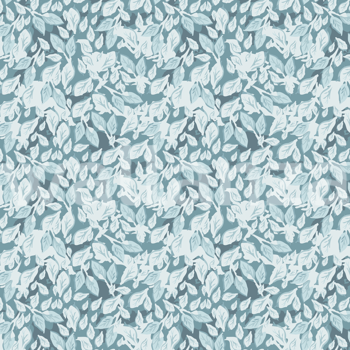 Pattern detail of blue leaves on a textured wallpaper background.
