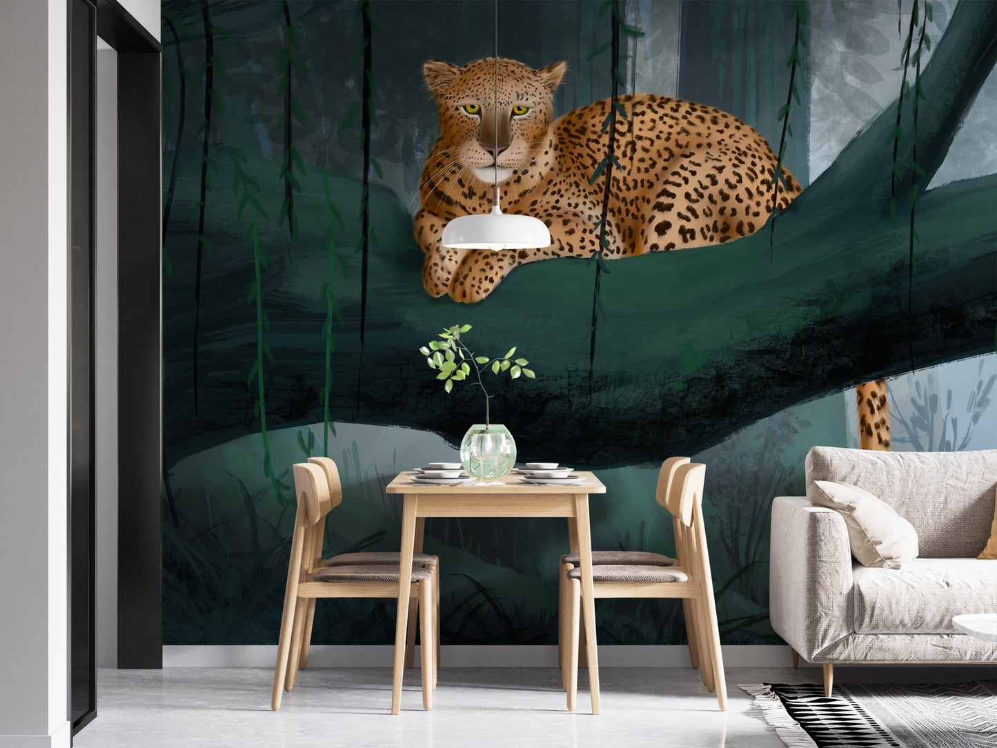 Leopard themed wall mural with subtle teal and olive color palette.