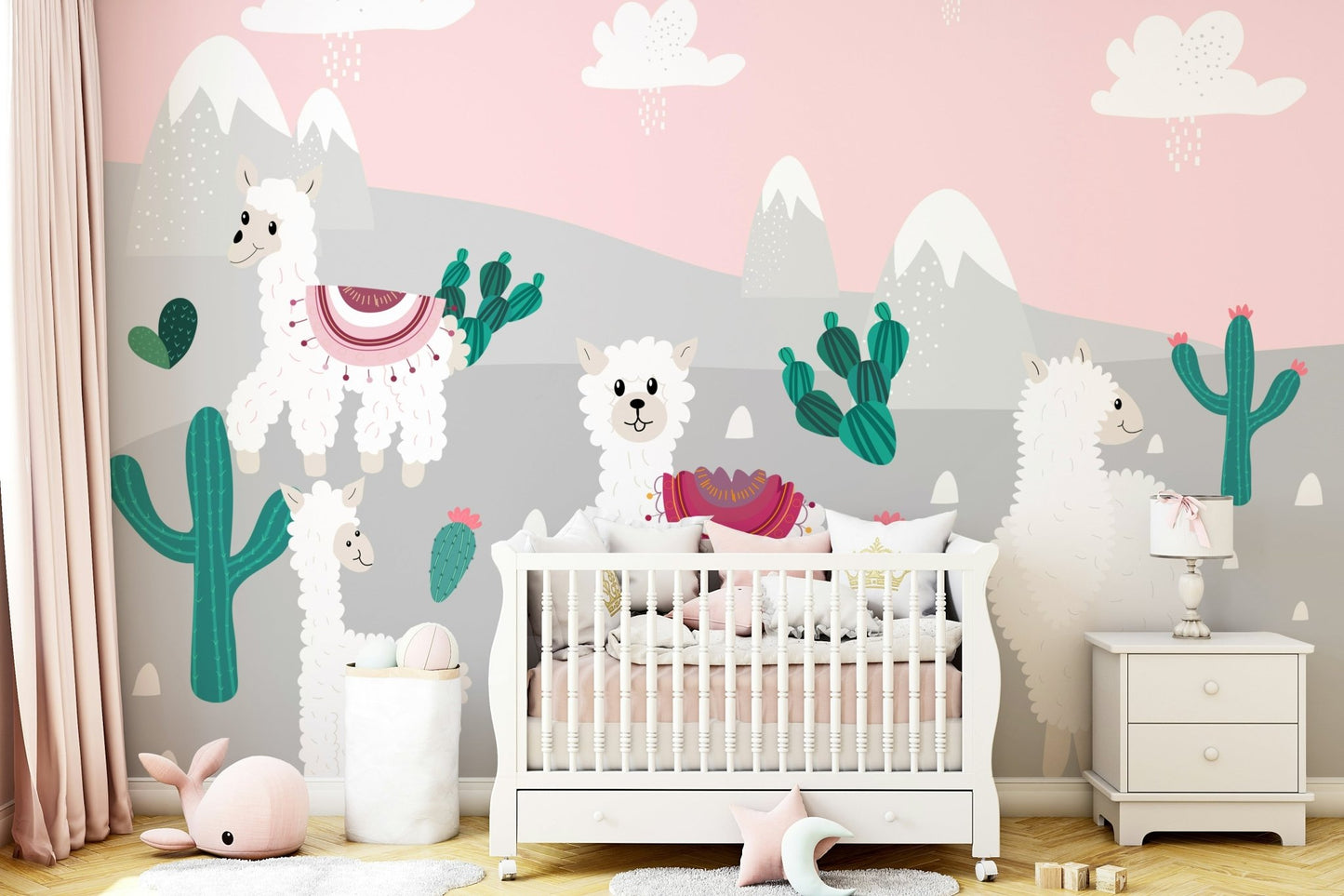 Colorful mountain landscape mural for kids' playroom.