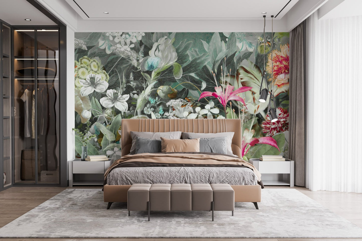 Master bedroom with brown leather bed and green oasis wall mural.