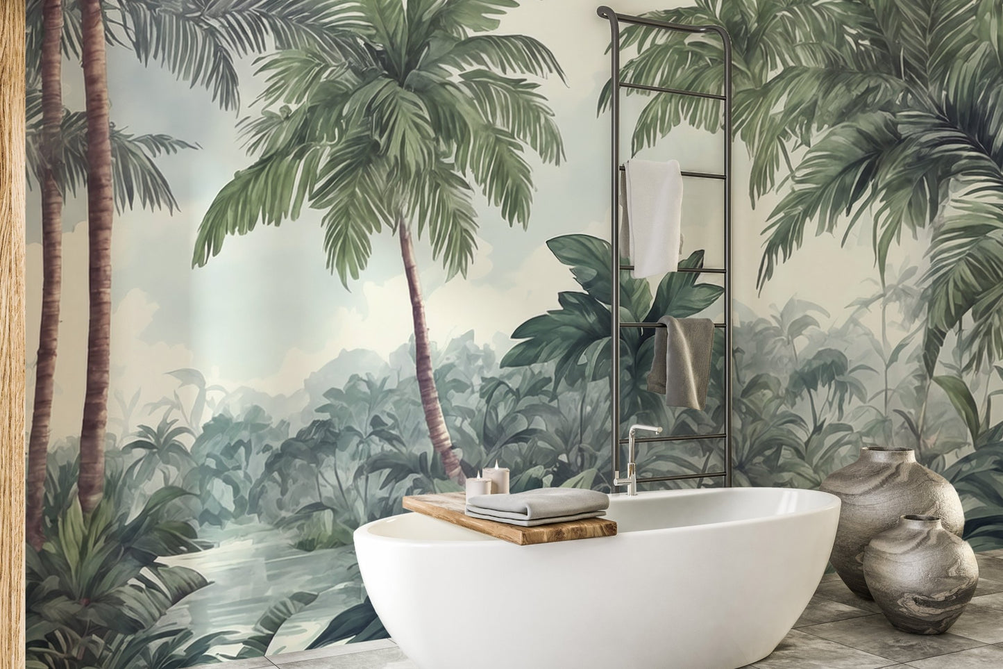 Woodland wall mural in bathroom behind white bathtub and stone accents.