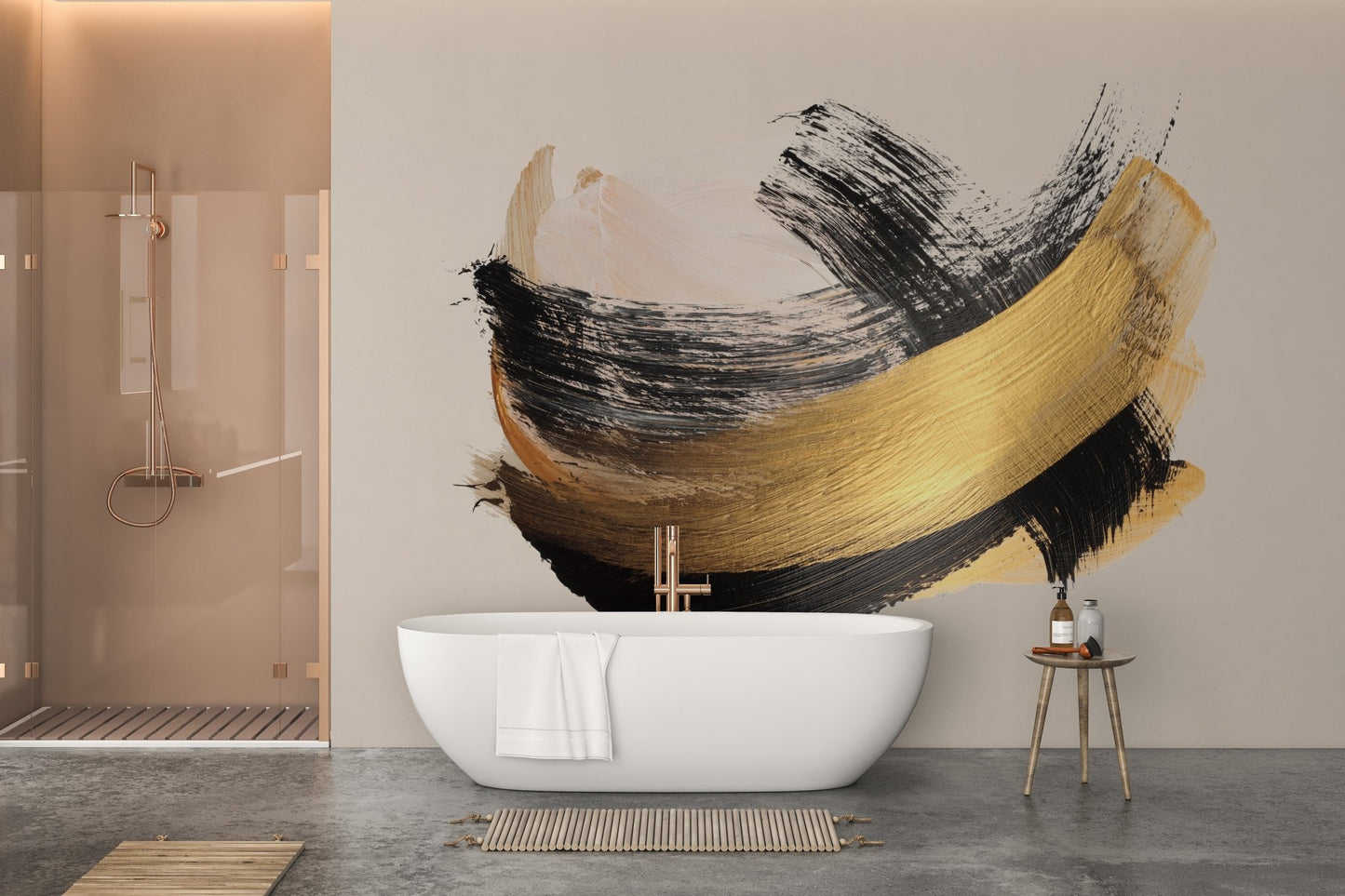 Modern metallic gold arc wall mural with black contrast strokes for bathroom interior.