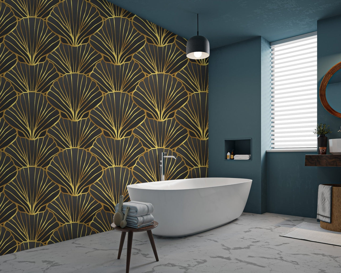 Modern deco wall mural using fine gold metallic detailing.