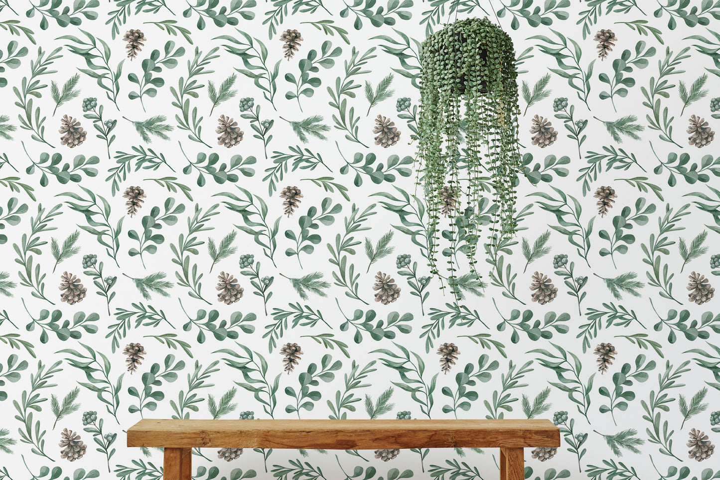 Watercolor Winter Green Leaves and Branches Decor Wallpaper