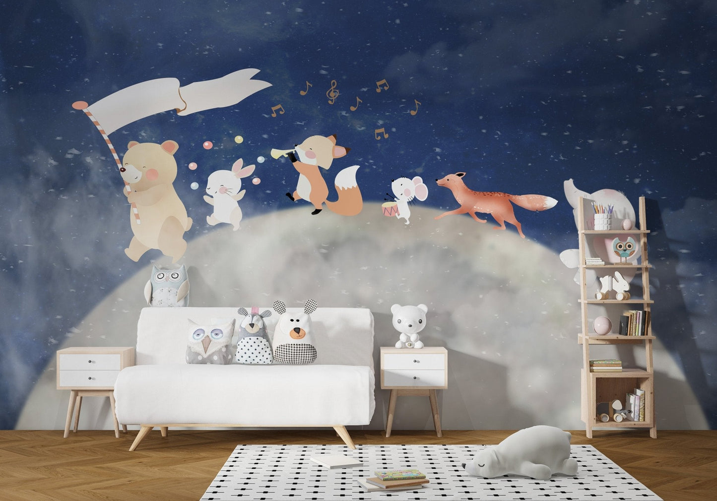 Soft cream and grey lunar landscape with playful animals wallpaper.
