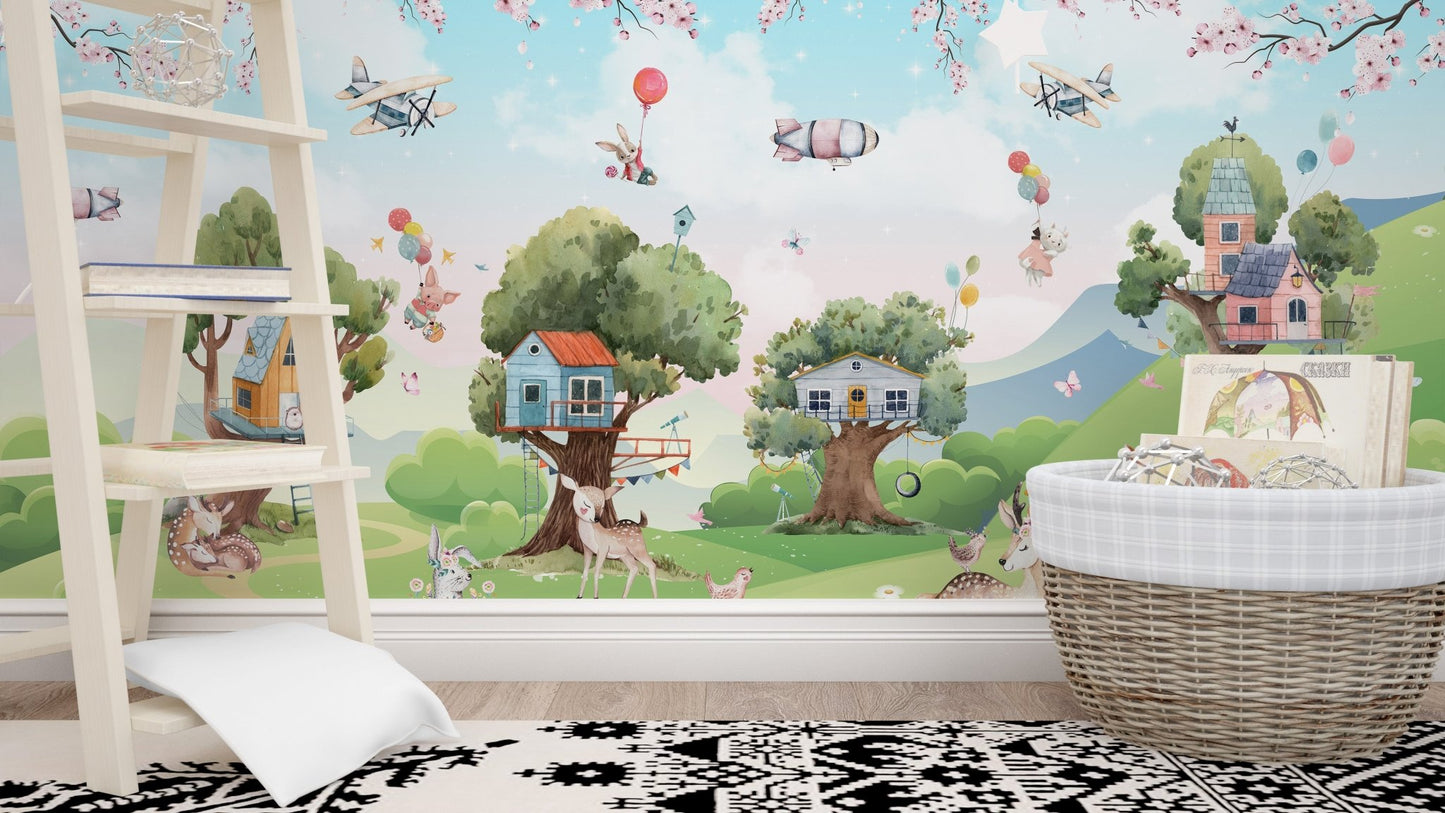 Activity room with light wood floors and a green jungle wall mural.