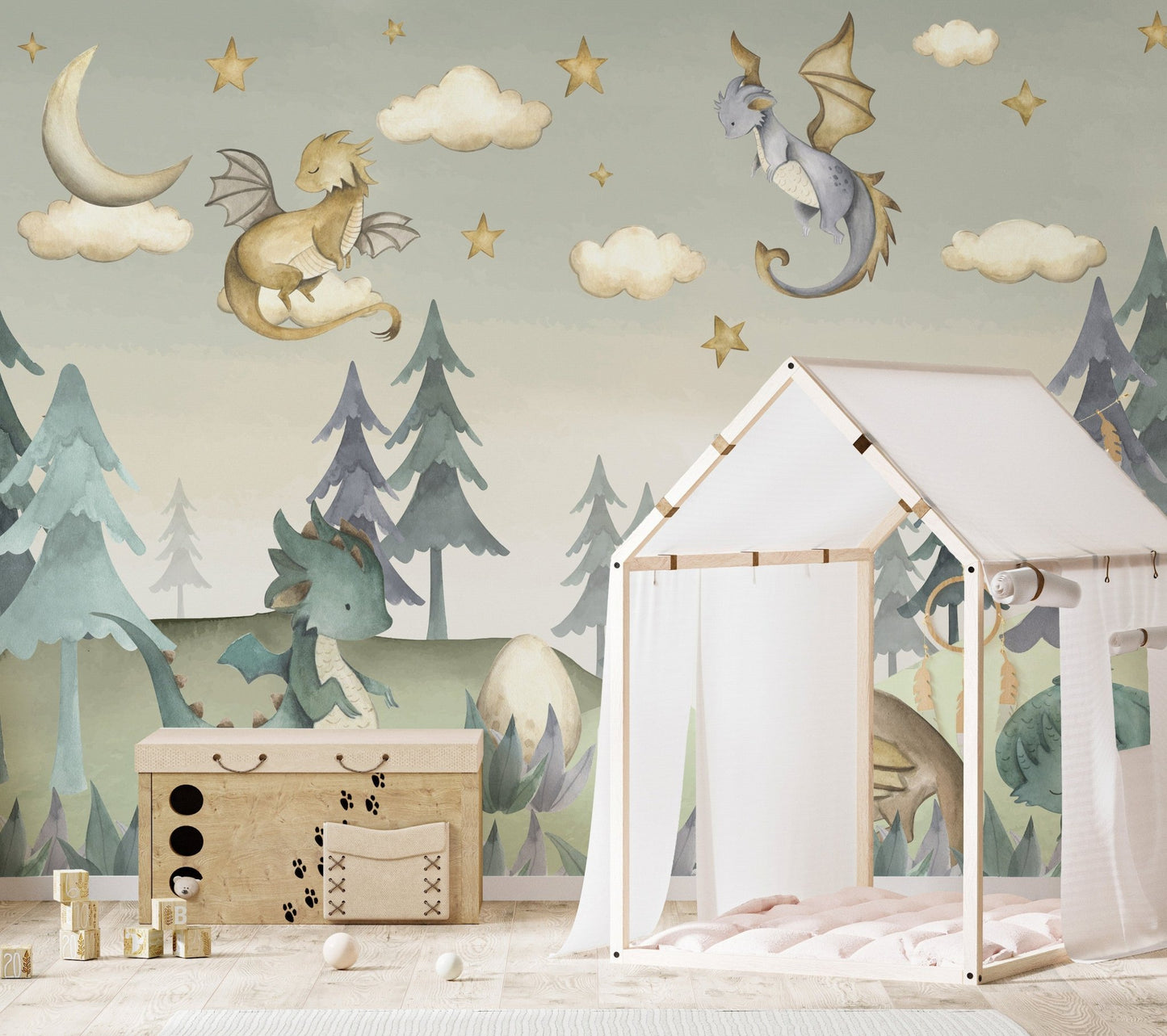 Modern fantasy wall mural with illustrated dragons and trees.