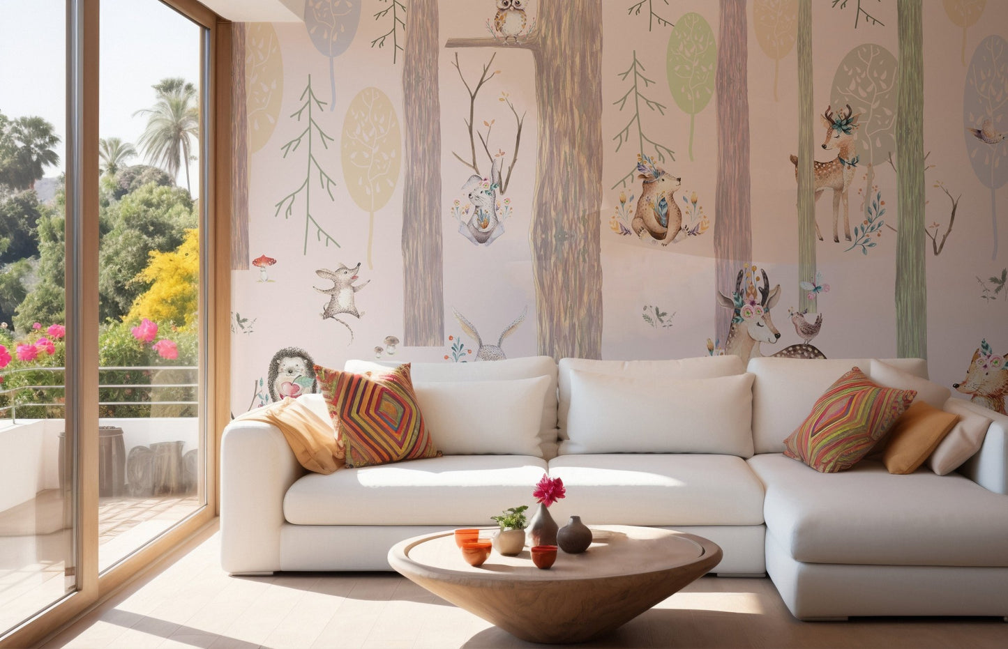 Large living room wall mural with forest illustrations behind a white sectional sofa.