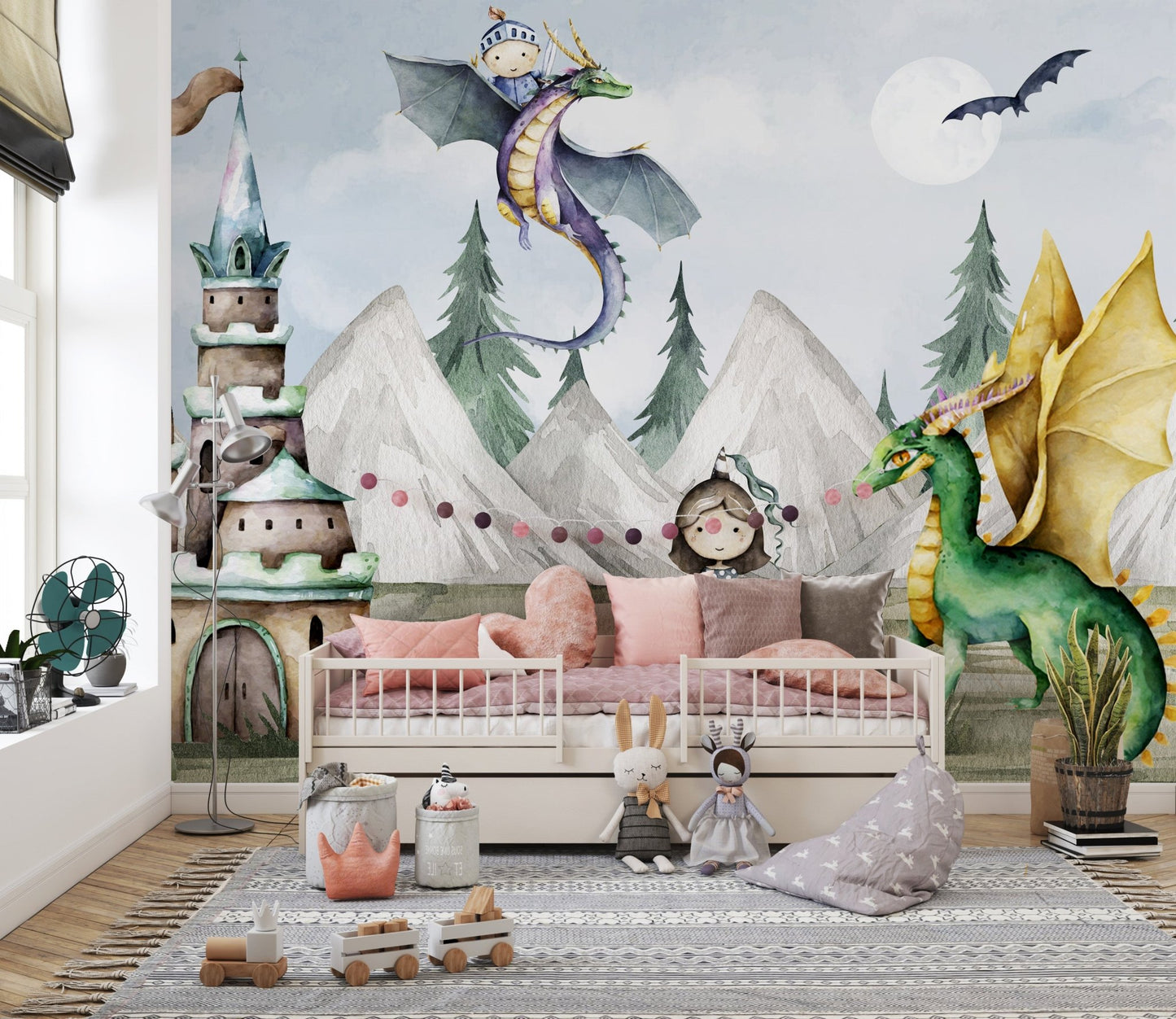 Whimsical dragon wallpaper mural in modern neutral palette.