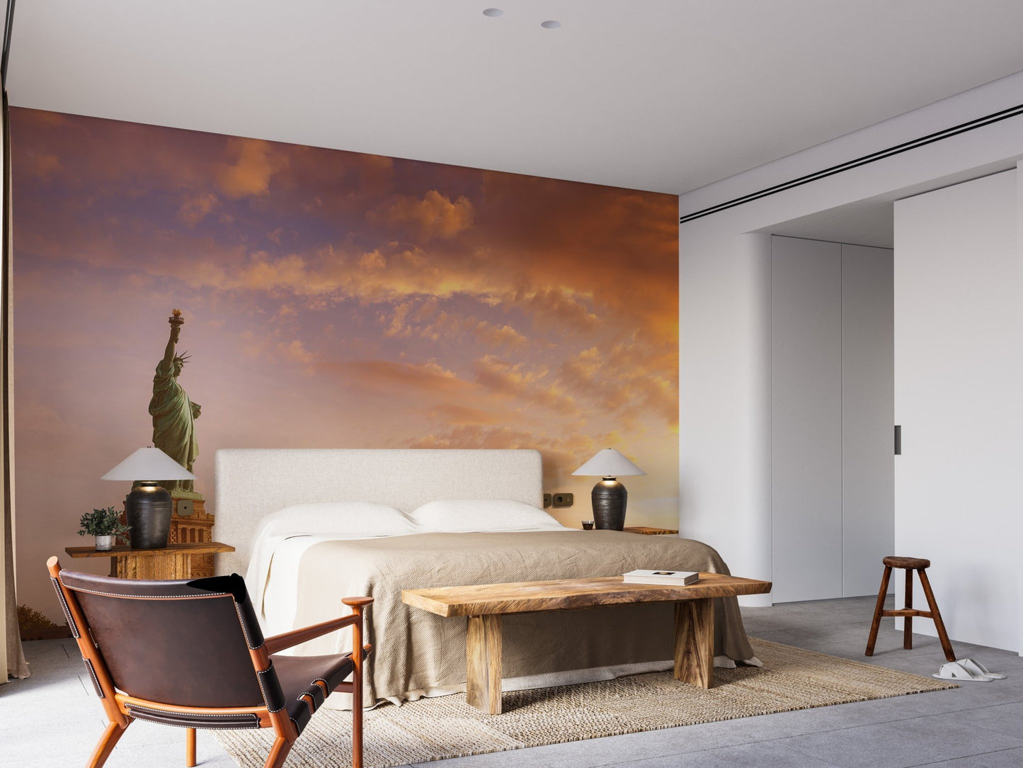 Bedroom feature wall with a warm toned Manhattans Legacy wallpaper mural