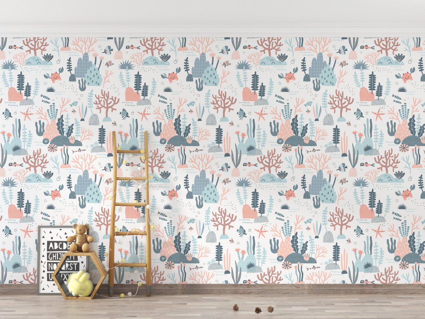 Marine Life Coral Reef Fish Crab Seaweed Kids Wallpaper